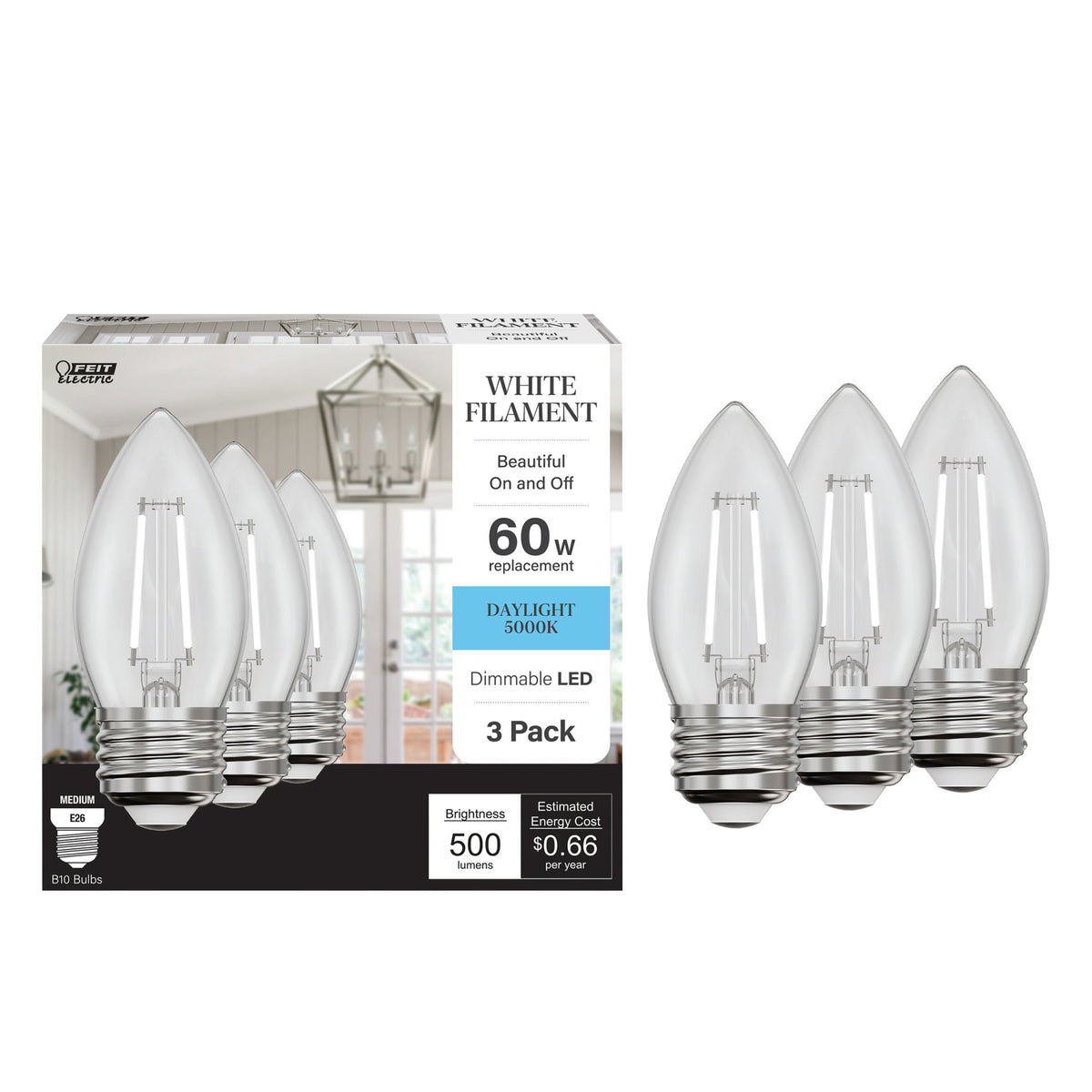 5.5W (60W Equivalent) Daylight White (5000K) Chandelier B10 (E26 Base) Torpedo Tip White Filament LED Bulb (3-Pack)