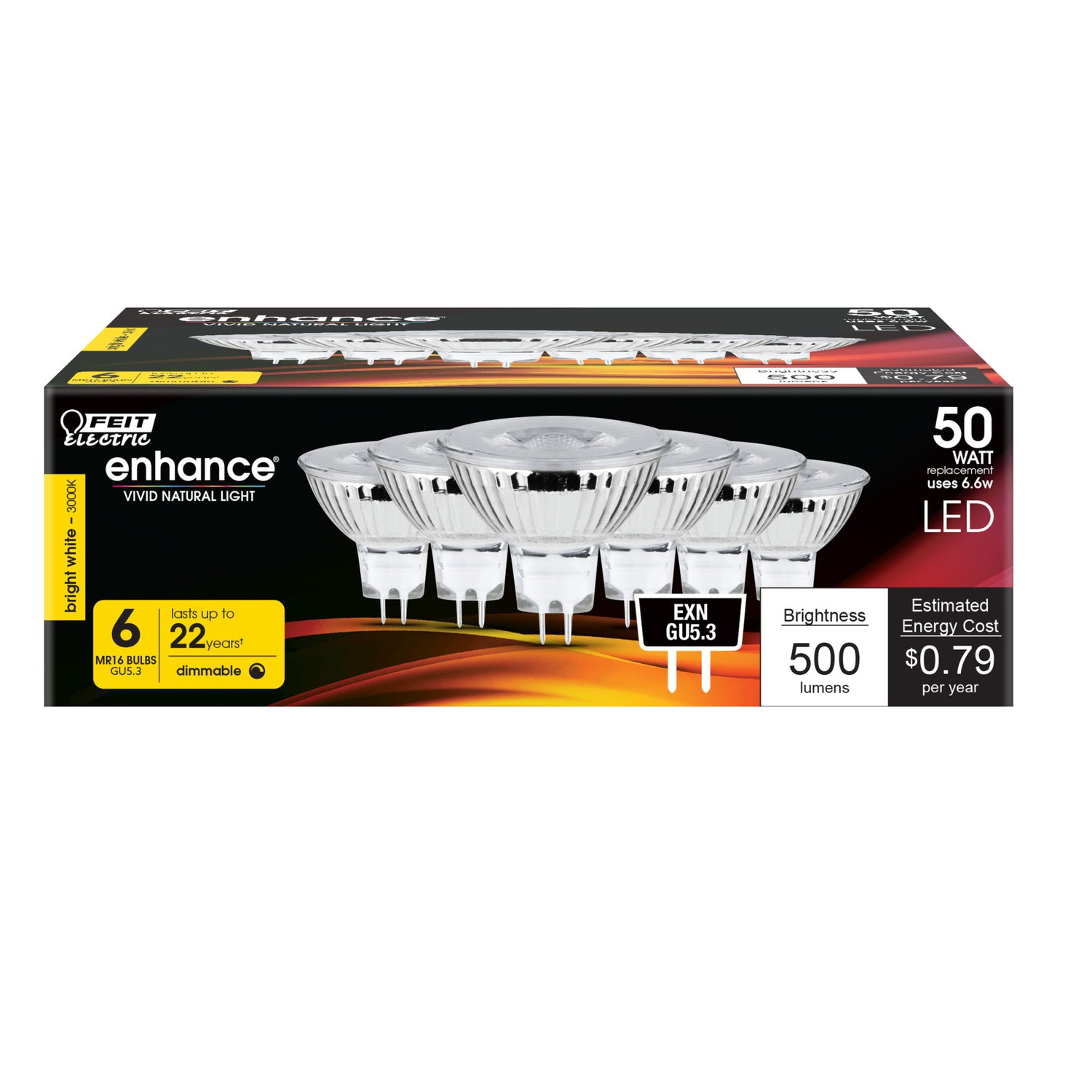 6.6W (50W Replacement) Bright White (3000K) GU5.3 Base MR16 Reflector LED Bulb (6-Pack) - Feit Electric