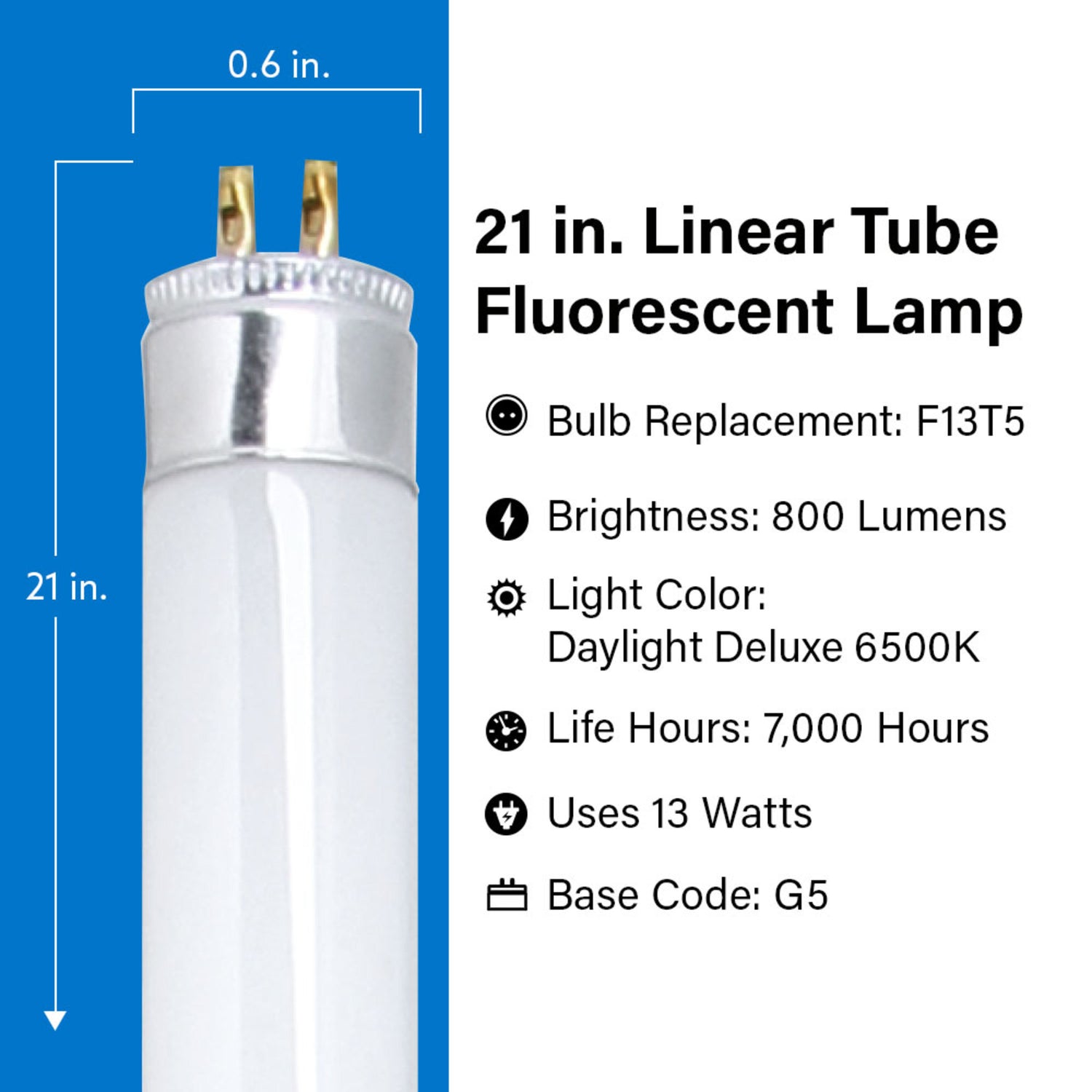 21 in. 13W Daylight Deluxe White (6500K) G5 Base (T5 Replacement) Fluorescent Linear Light Tube