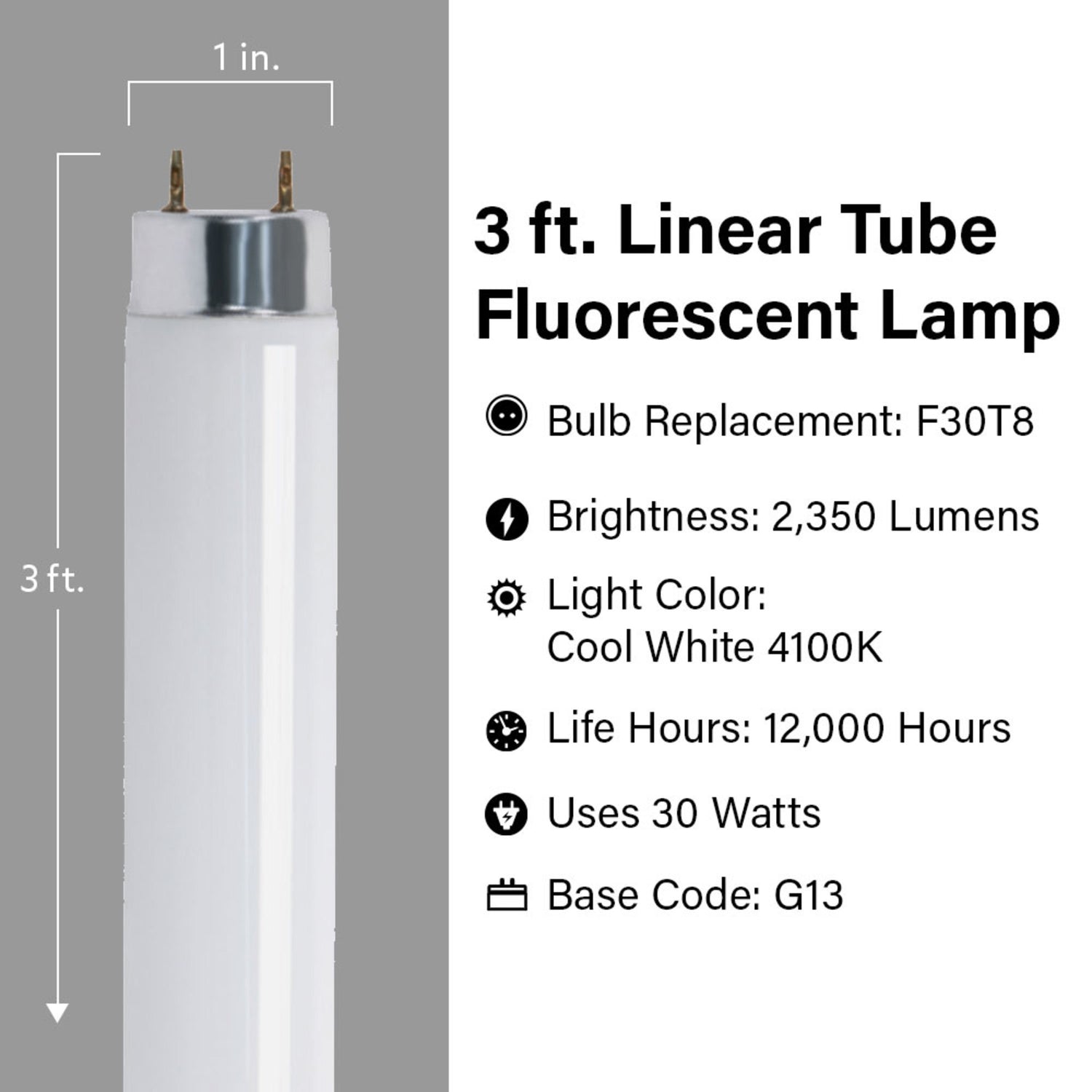 3 ft. 30W Cool White (4100K) G13 Base (T8 Replacement) Fluorescent Linear Light Tube