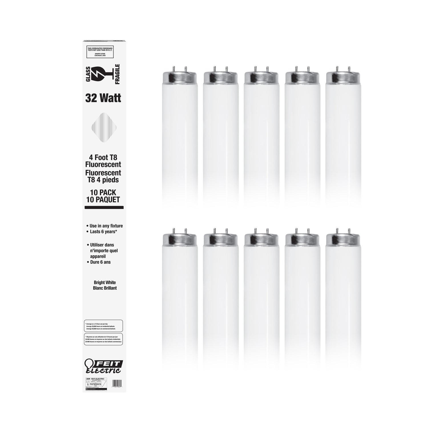 4 ft. 32W Bright White (3000K) G13 Base (T8 Replacement) Fluorescent Linear Tube Light (10-Pack)