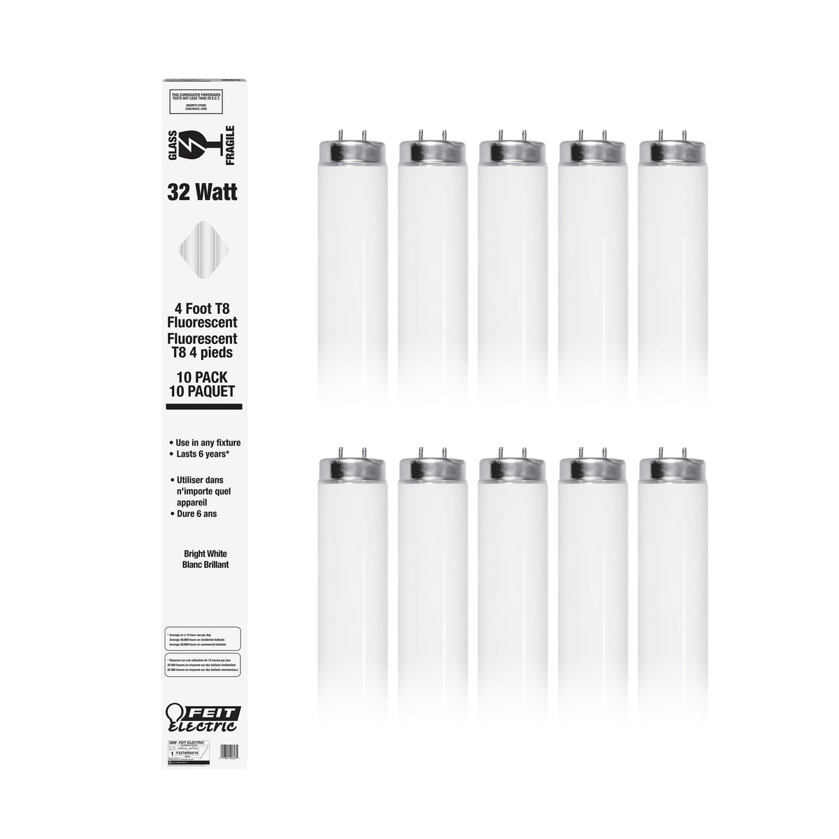 4 ft. 32W Bright White (3000K) G13 Base (T8 Replacement) Fluorescent Linear Tube Light (10-Pack)