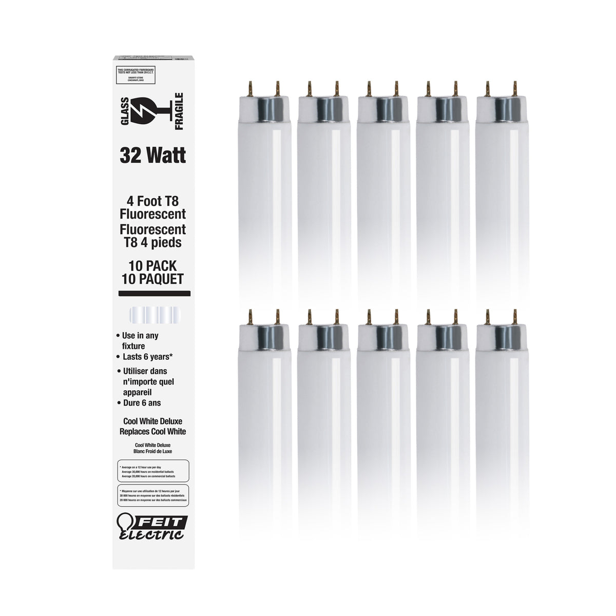 4 ft. 32W Cool White (4100K) G13 Base (T8 Replacement) Fluorescent Linear Light Tube (10-Pack)