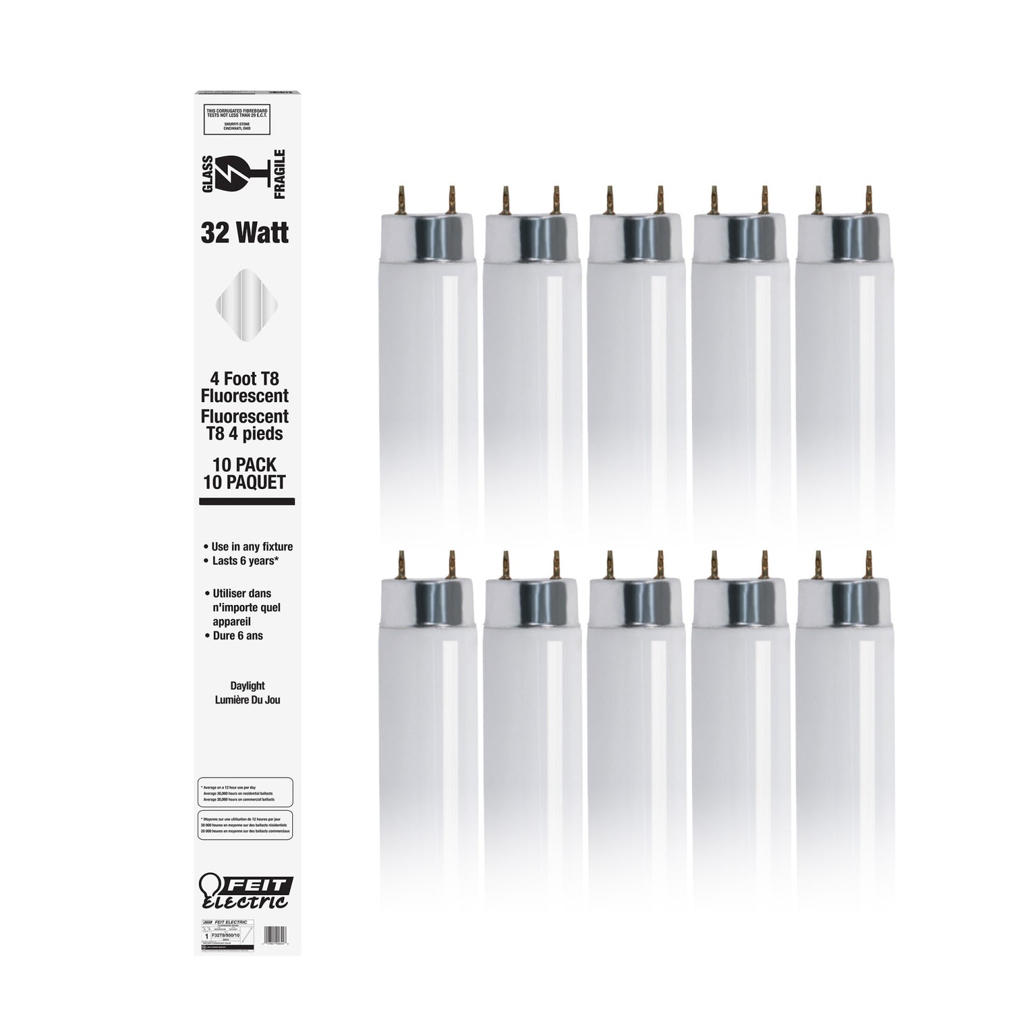 4 ft. 32W Daylight White (5000K) G13 Base (T8 Replacement) Fluorescent Linear Light Tube (10-Pack)