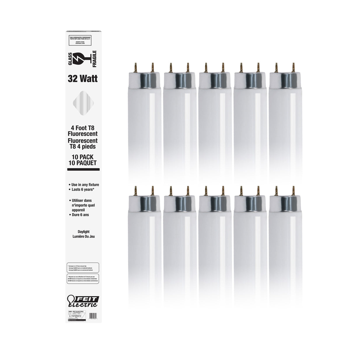 4 ft. 32W Daylight White (5000K) G13 Base (T8 Replacement) Fluorescent Linear Light Tube (10-Pack)