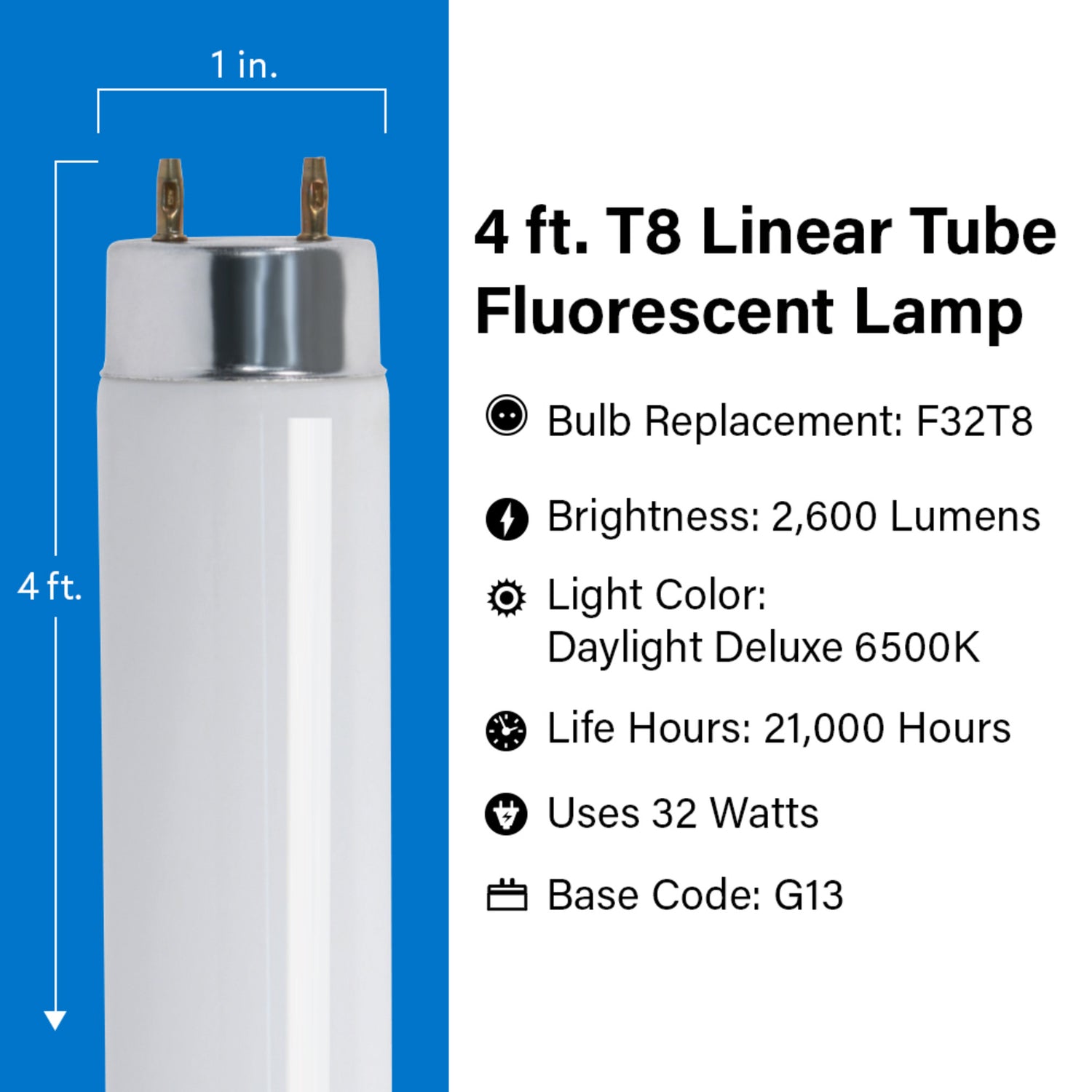 4 ft. 32W Daylight Deluxe White (6500K) G13 Base (T8 Replacement) Fluorescent Linear Light Tube (10-Pack)