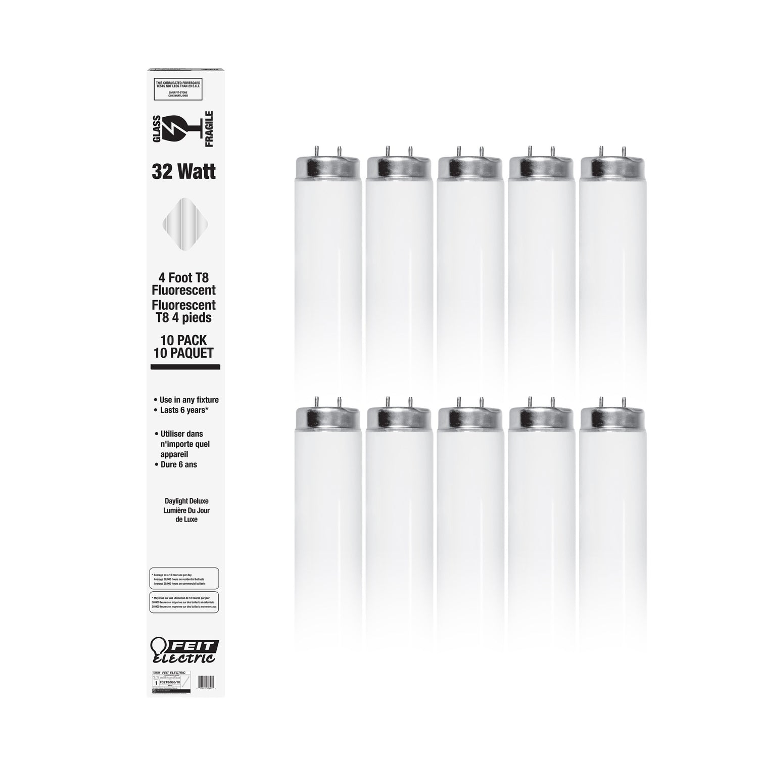 4 ft. 32W Daylight Deluxe White (6500K) G13 Base (T8 Replacement) Fluorescent Linear Light Tube (10-Pack)