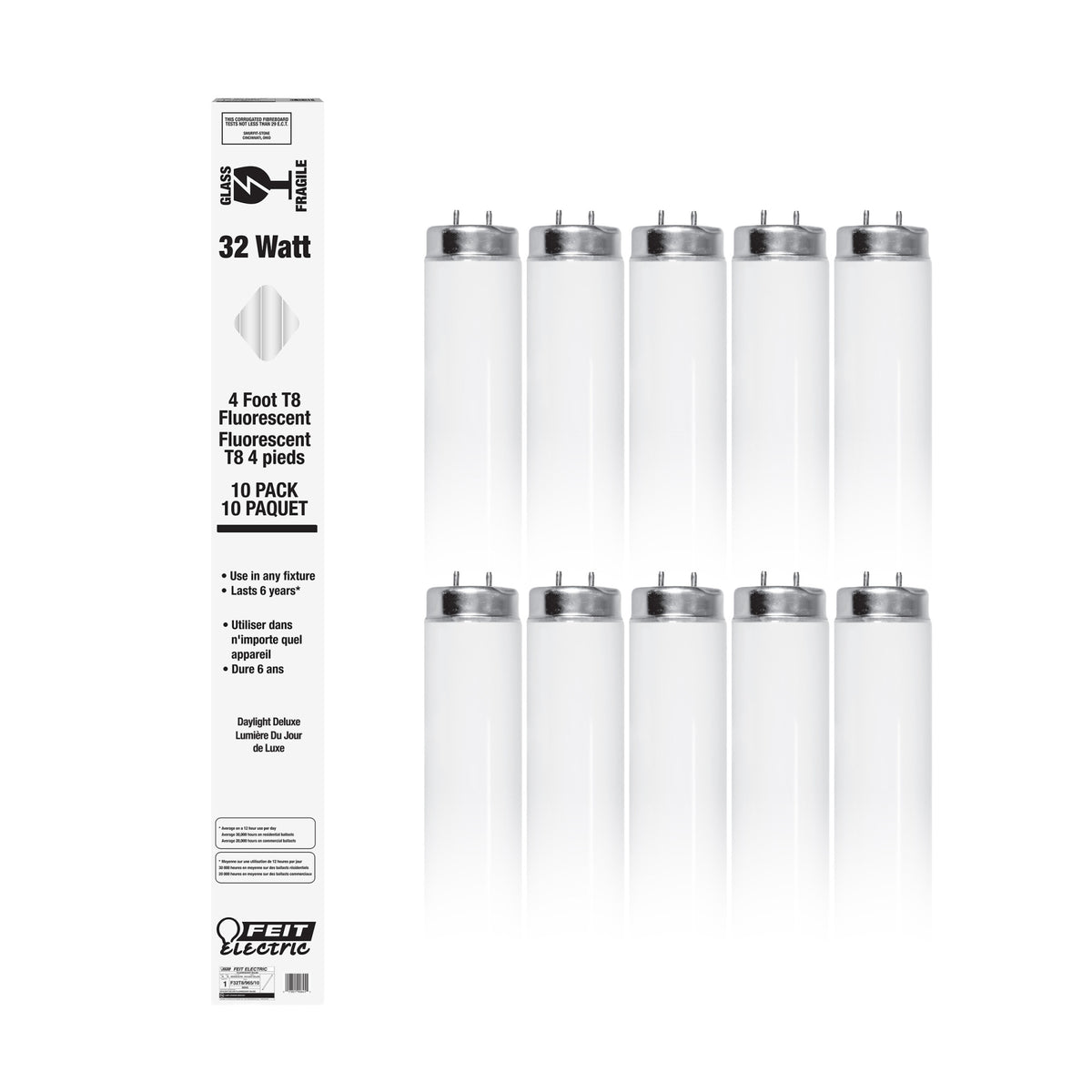 4 ft. 32W Daylight Deluxe White (6500K) G13 Base (T8 Replacement) Fluorescent Linear Light Tube (10-Pack)