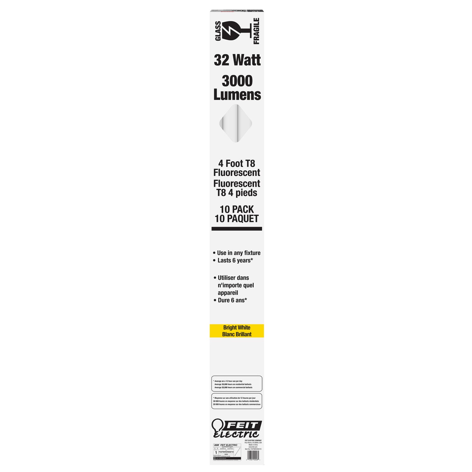 4 ft. 32W Bright White (3000K) T8 G13 Base Fluorescent Linear Tube (10-Pack)