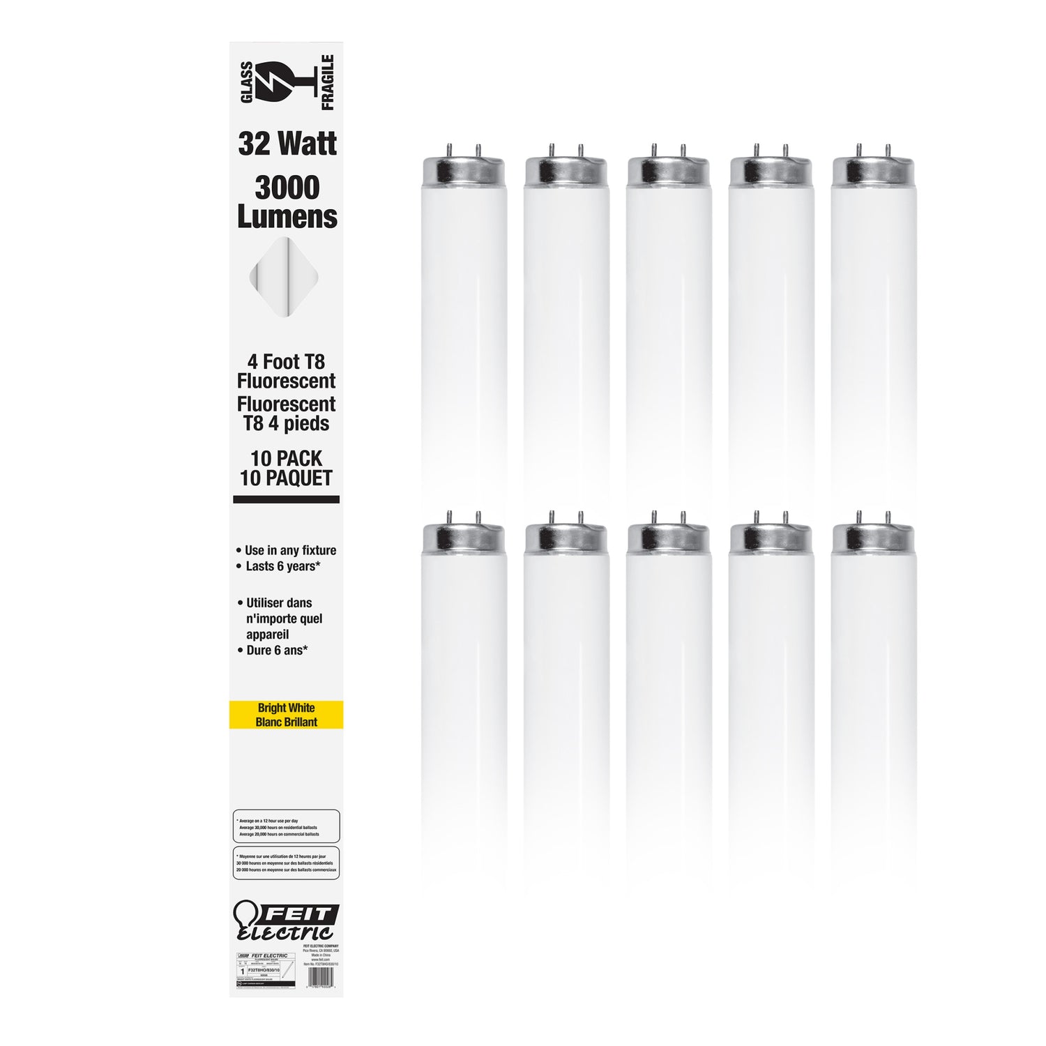 4 ft. 32W Bright White (3000K) T8 G13 Base Fluorescent Linear Tube (10-Pack)