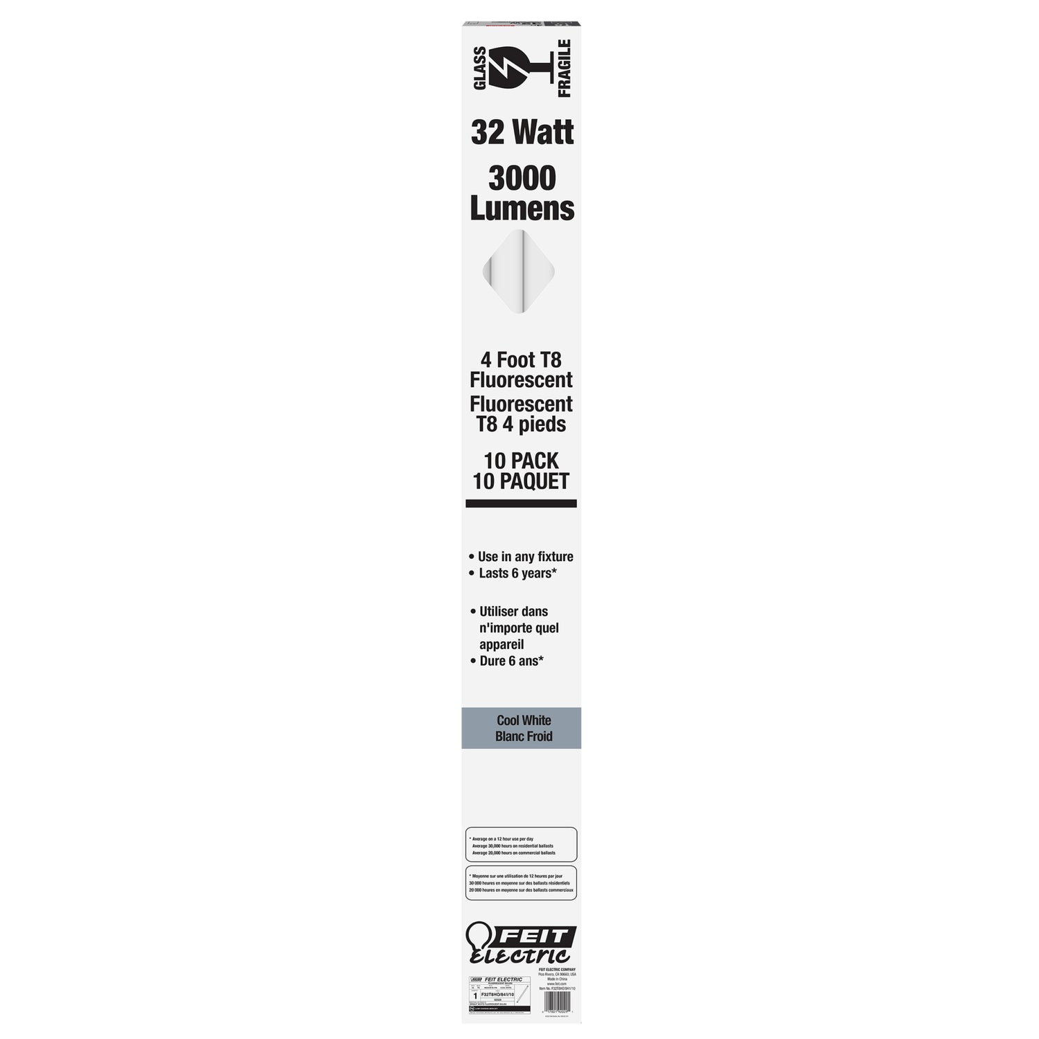 4 ft. 32W Cool White (4100K) T8 G13 Base High Output Fluorescent Linear Tube (10-Pack)