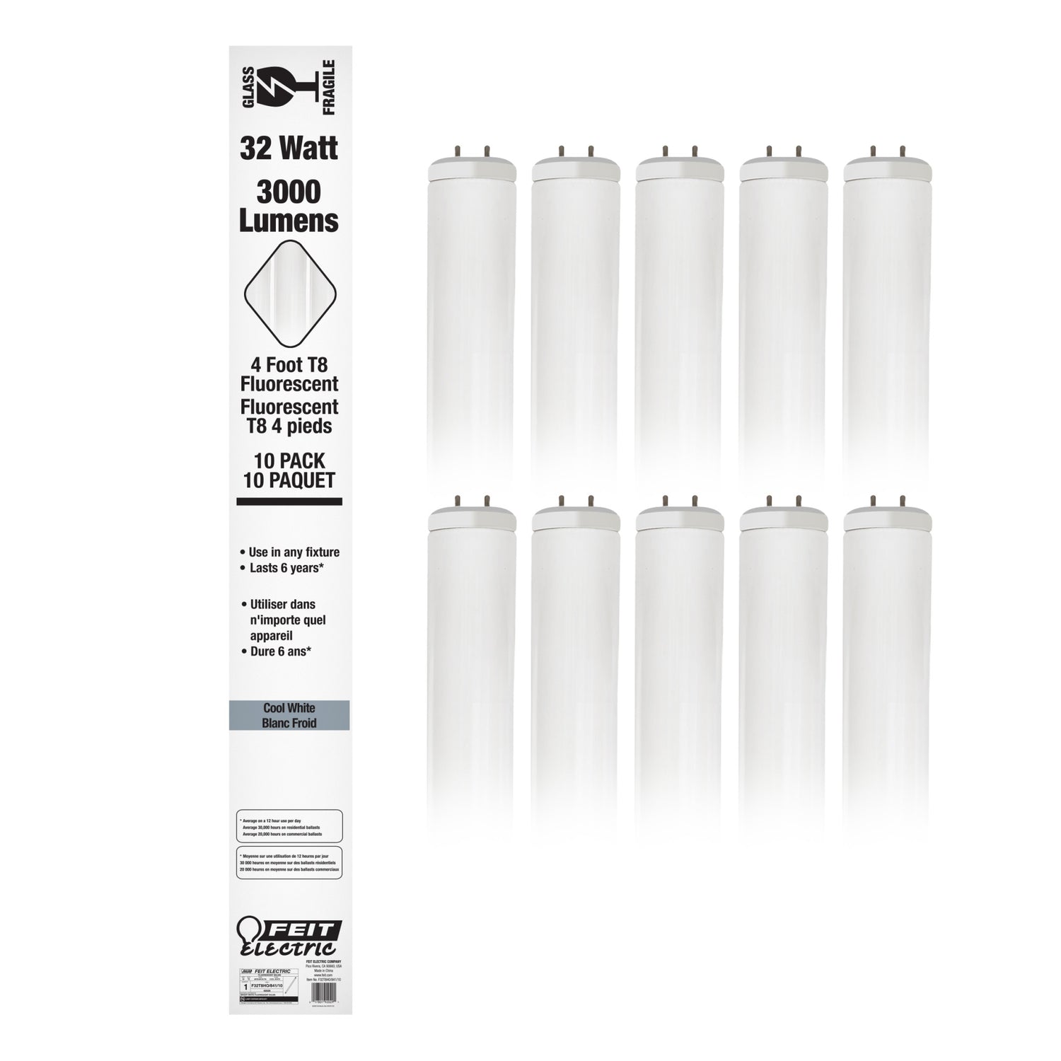 4 ft. 32W Cool White (4100K) T8 G13 Base High Output Fluorescent Linear Tube (10-Pack)