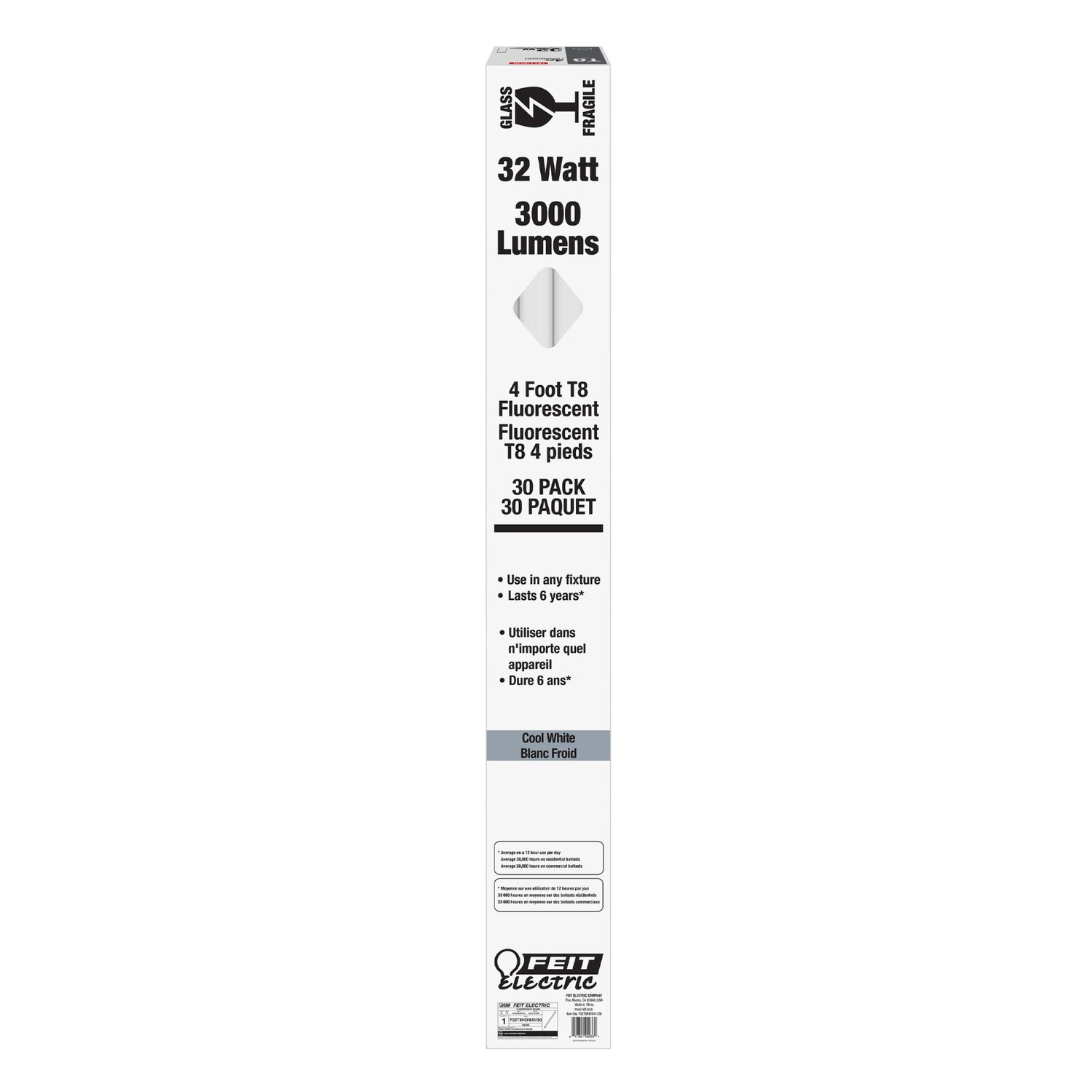 4 ft. 32W Cool White (4100K) T8 G13 Base High Output Fluorescent Linear Tube (30-Pack)