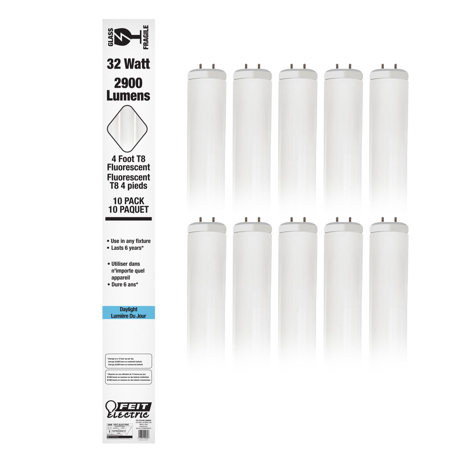 4 ft. 32W Daylight (5000K) T8 G13 Base High Output Fluorescent Linear Tube (10-Pack)