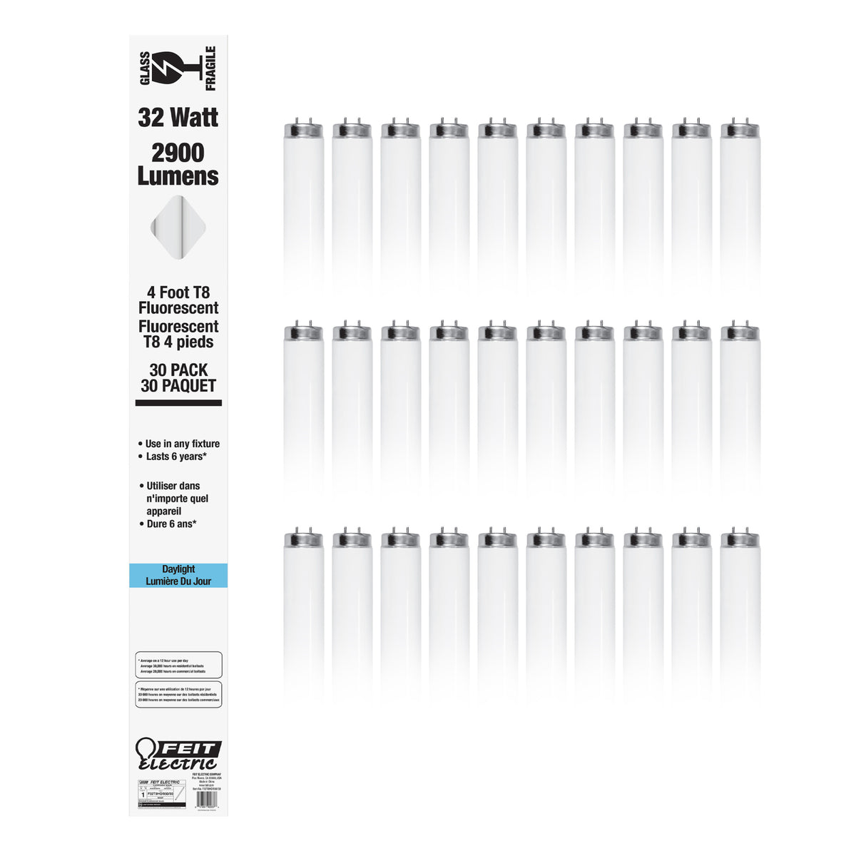 4 ft. 32W Daylight (5000K) T8 G13 Base High Output Fluorescent Linear Tube (30-Pack)