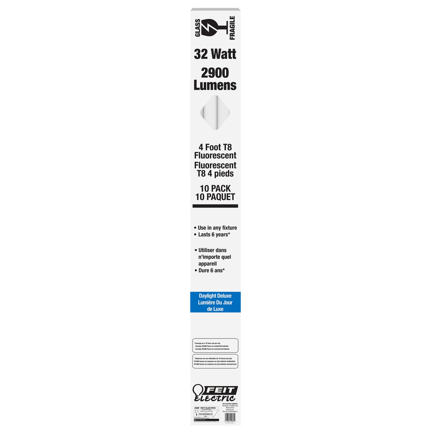 4 ft. 32W Daylight Deluxe (6500K) T8 G13 Base High Output Fluorescent Linear Tube (10-Pack)