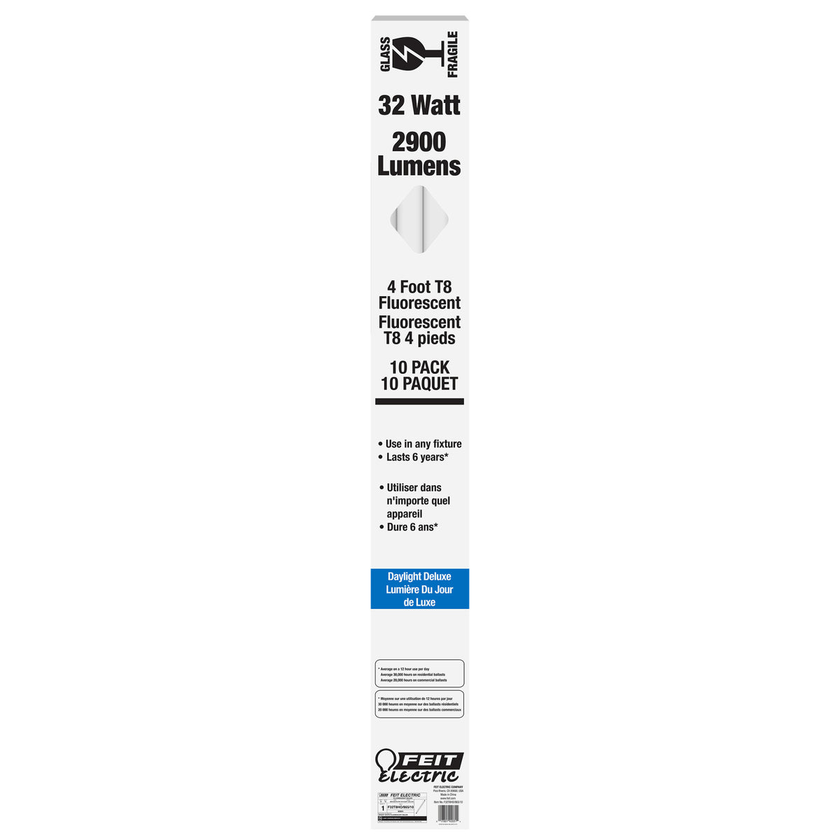 4 ft. 32W Daylight Deluxe (6500K) T8 G13 Base High Output Fluorescent Linear Tube (10-Pack)