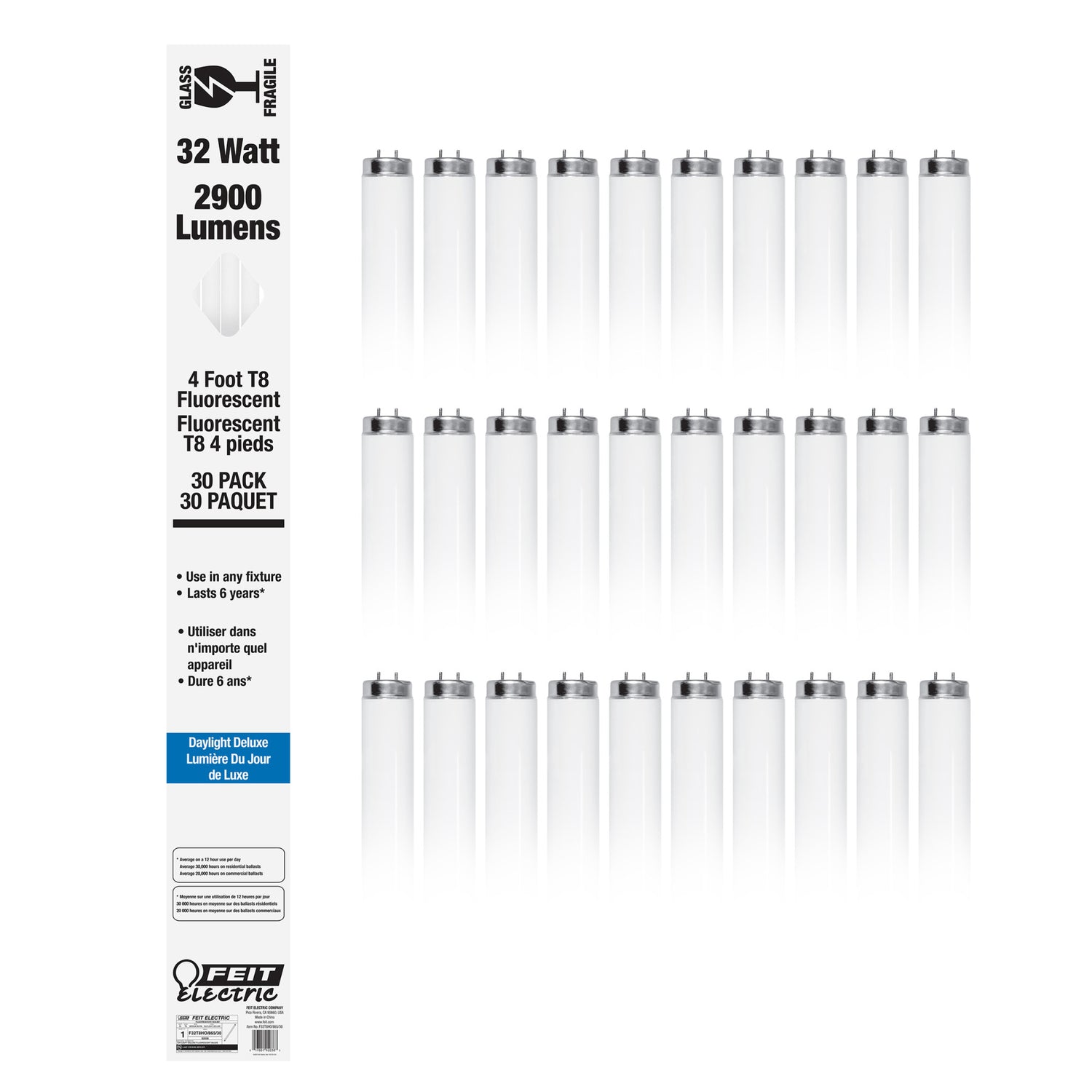 4 ft. 32W Daylight Deluxe (6500K) T8 G13 Base High Output Fluorescent Linear Tube (30-Pack)
