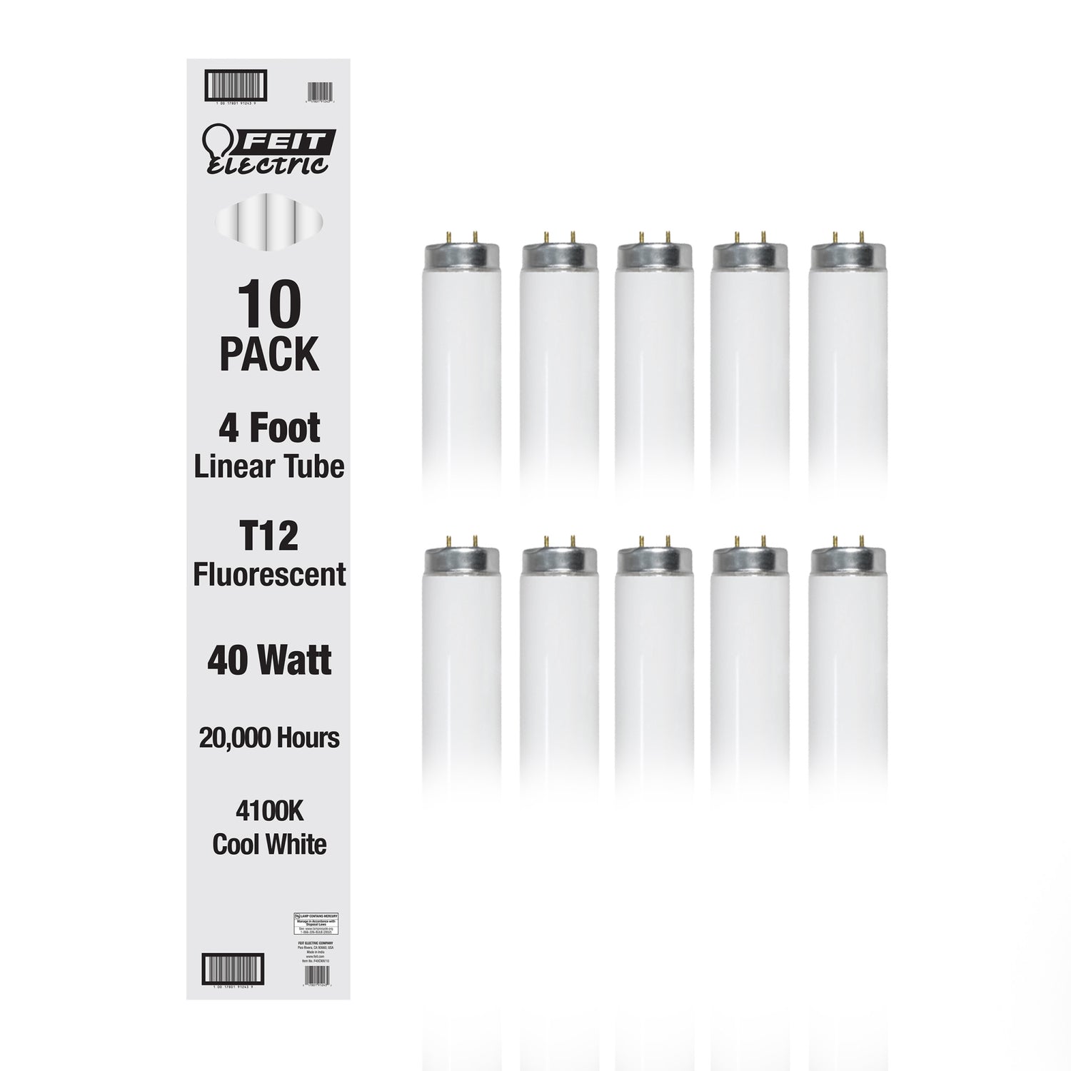 4 ft. 40W Cool White (4100K) G13 Base (T12 Replacement) Fluorescent Linear Light Tube (10-Pack)