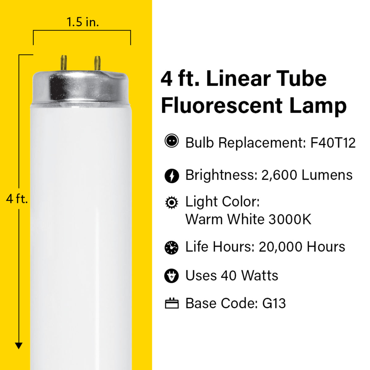 4 ft. 40W Bright White (3000K) G13 Base (T12 Replacement) Fluorescent Linear Light Tube (2-Pack)