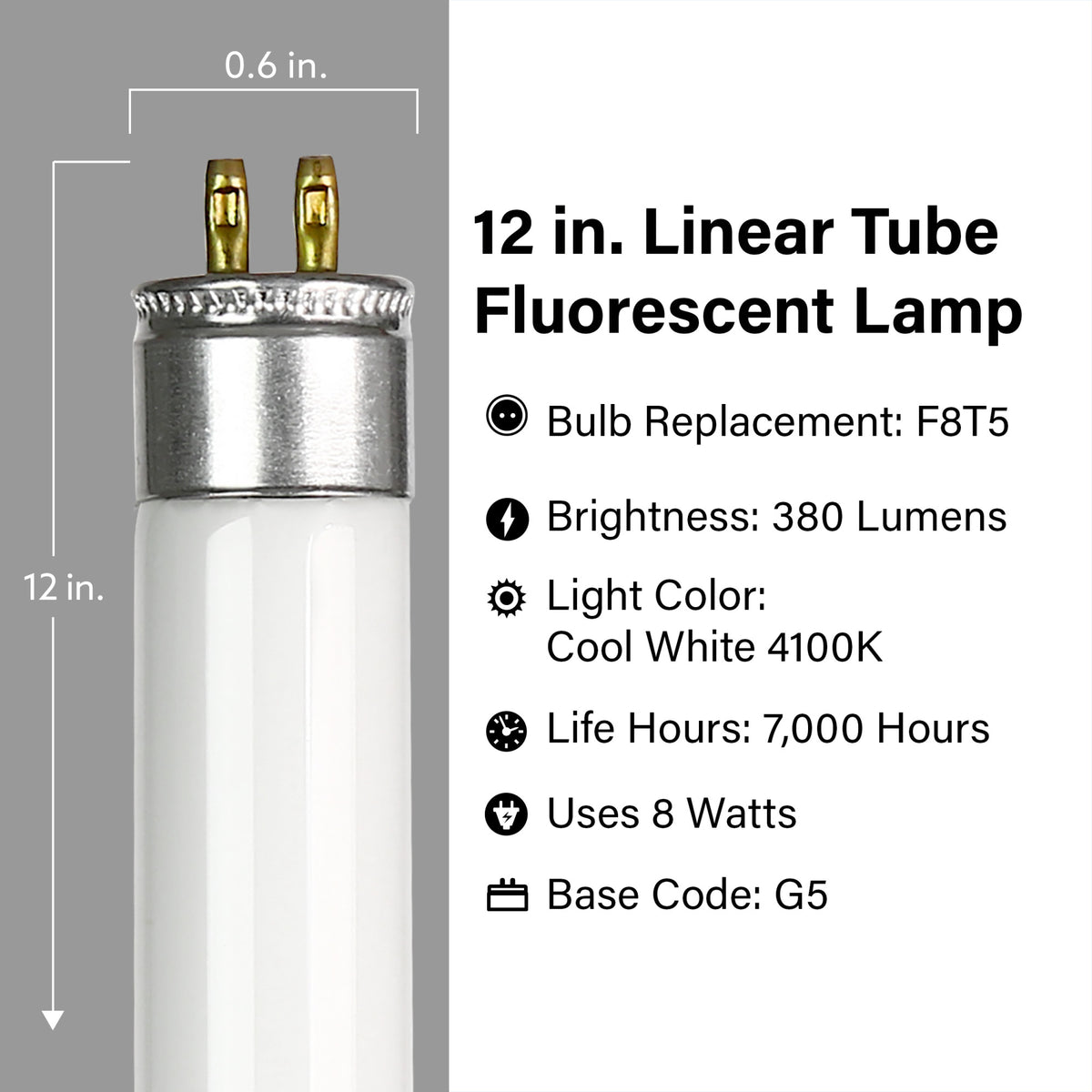 12 in. 8W Cool White (4100K) G5 Base (T5 Replacement) Fluorescent Linear Light Tube