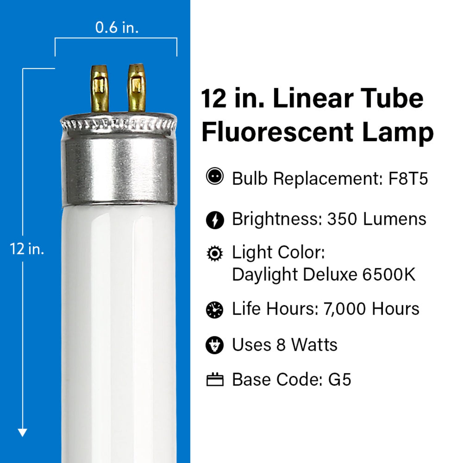 12 in. 8W Daylight Deluxe White (6500K) G5 (T5 Replacement) Fluorescent Linear Light Tube