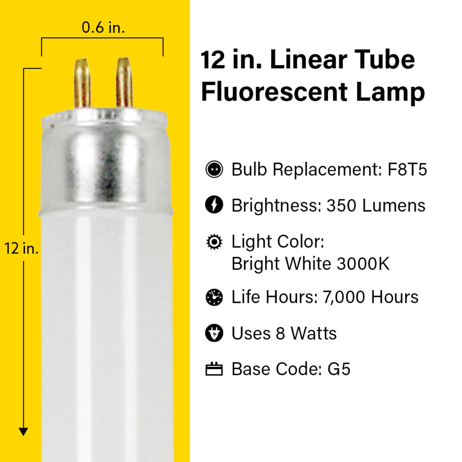 12 in. 8W Bright White (3000K) G5 Base (T5 Replacement) Fluorescent Linear Light Tube