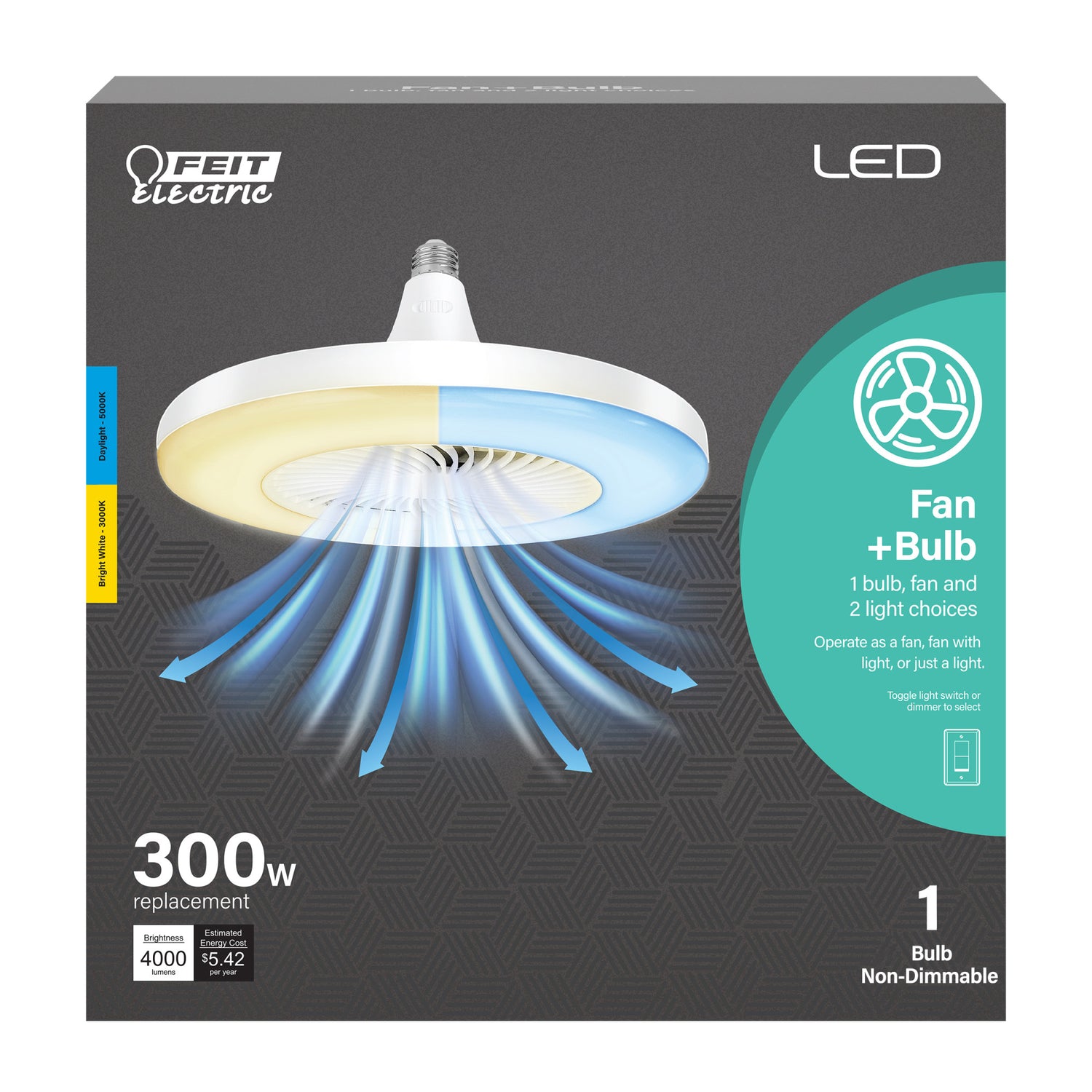 45W (300W Replacement) Selectable White E26 Base 2-In-1 LED Light Bulb + Fan
