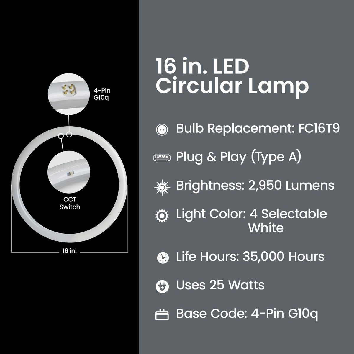 16 in. 25W Adjustable White (T9 Replacement) Direct Replacement (Type A) Non-Dimmable Circular LED Light