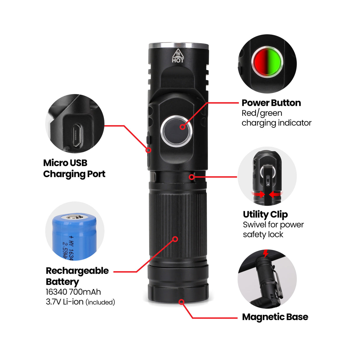 Rechargeable LED Pivot Flashlight with Magnetic Base and Clip