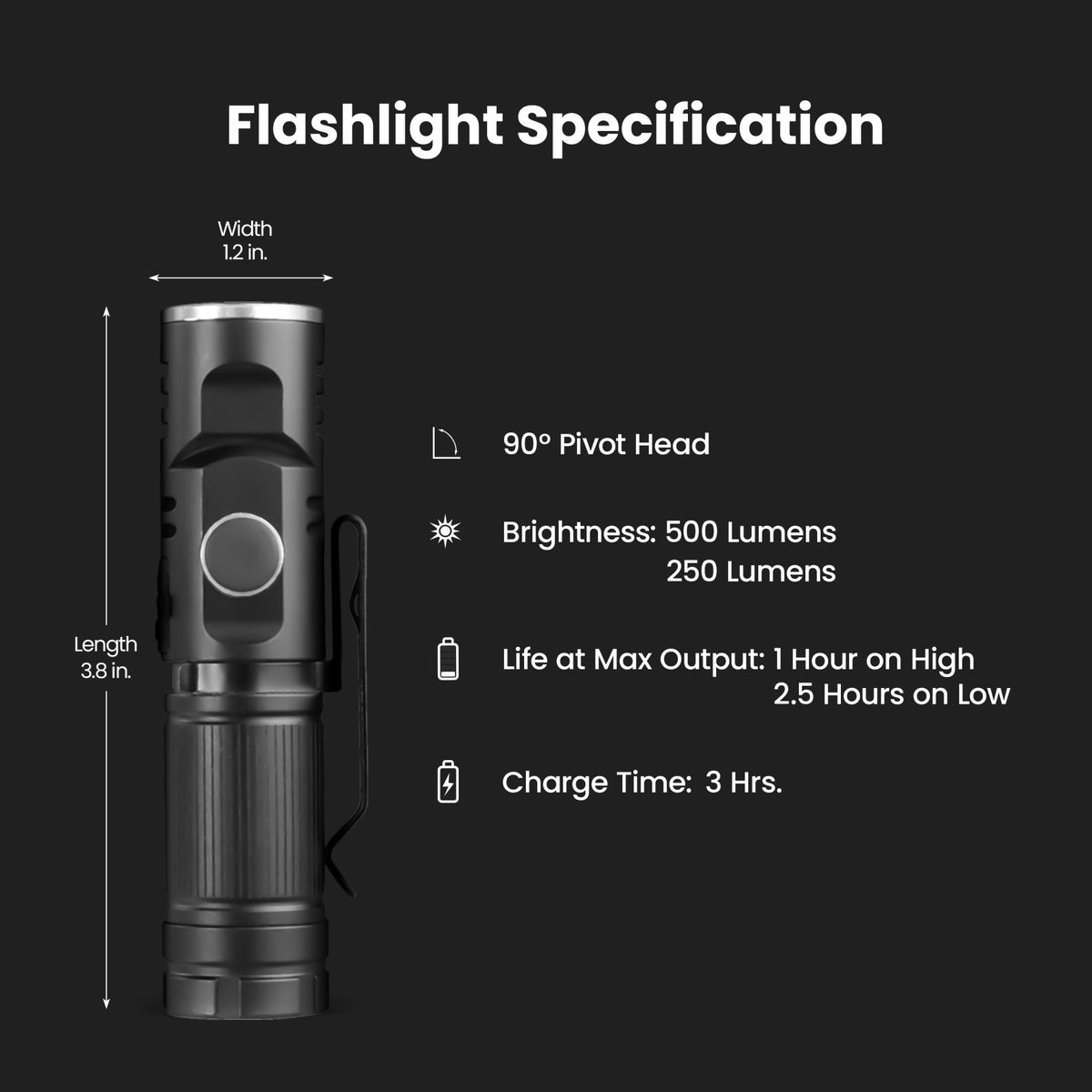 Rechargeable LED Pivot Flashlight with Magnetic Base and Clip