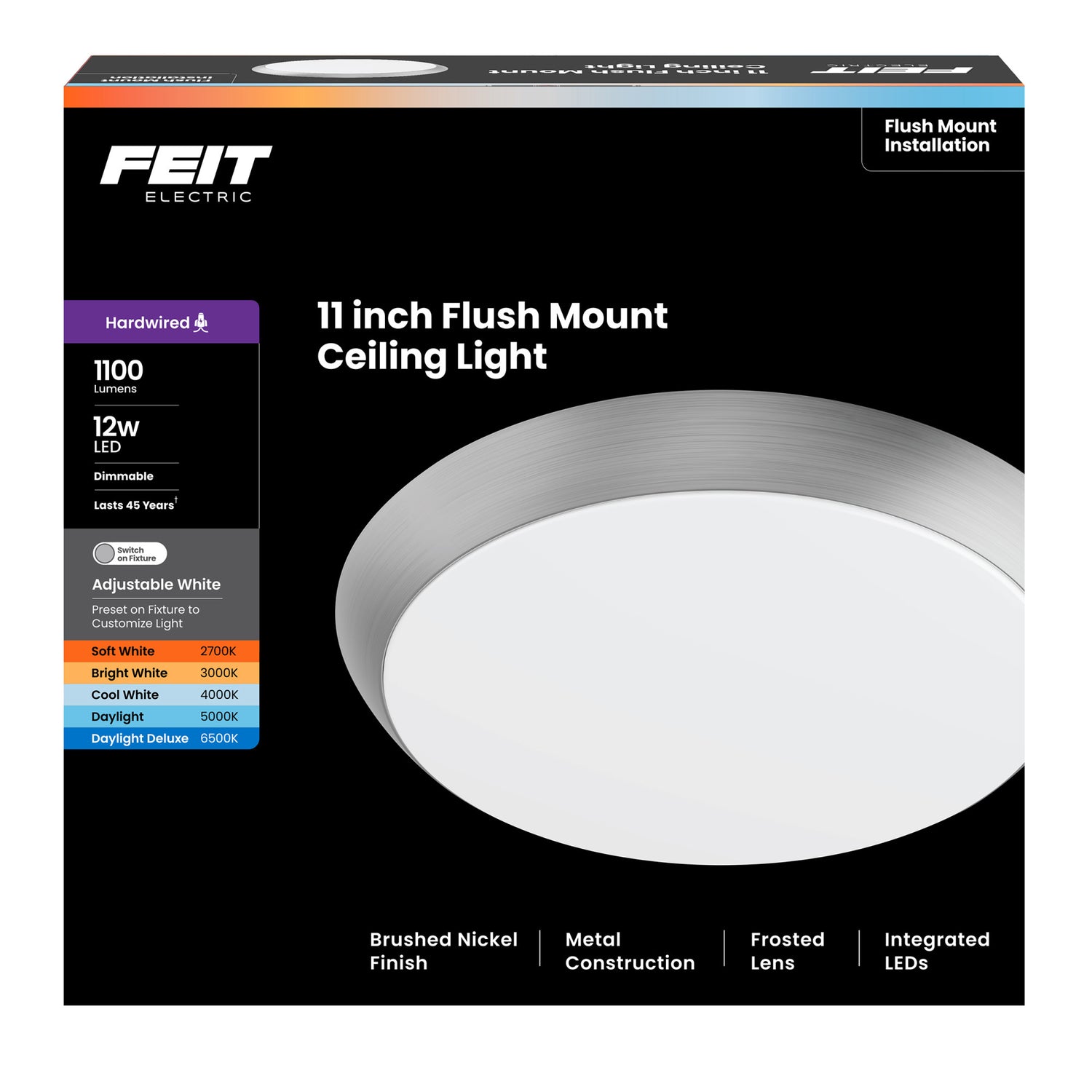 11 in. Dimmable Adjustable White LED Flush Mount Ceiling Fixture, Brushed Nickel