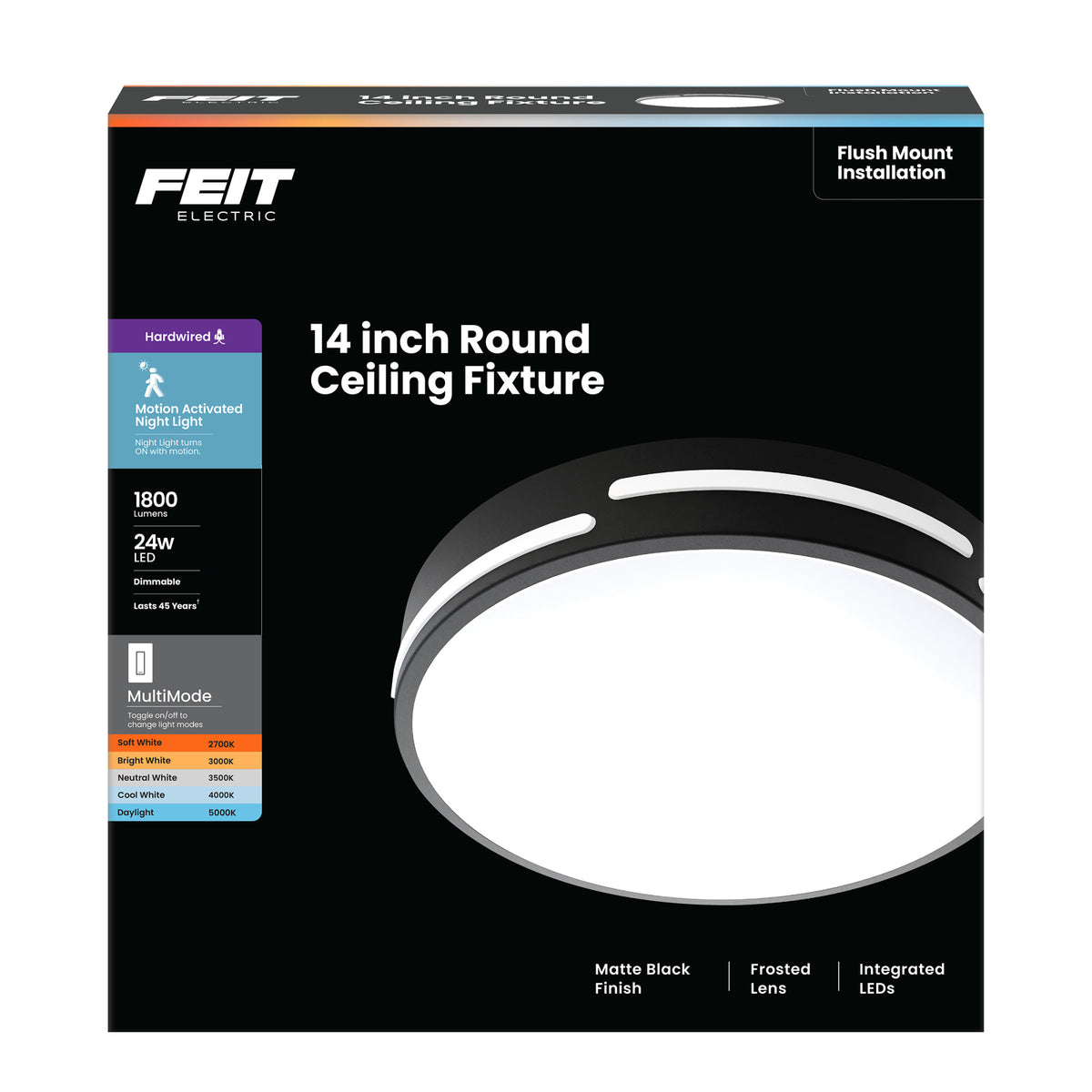 14 in. Dimmable Adjustable White LED Ceiling Fixture with Motion Night Light, Matte Black