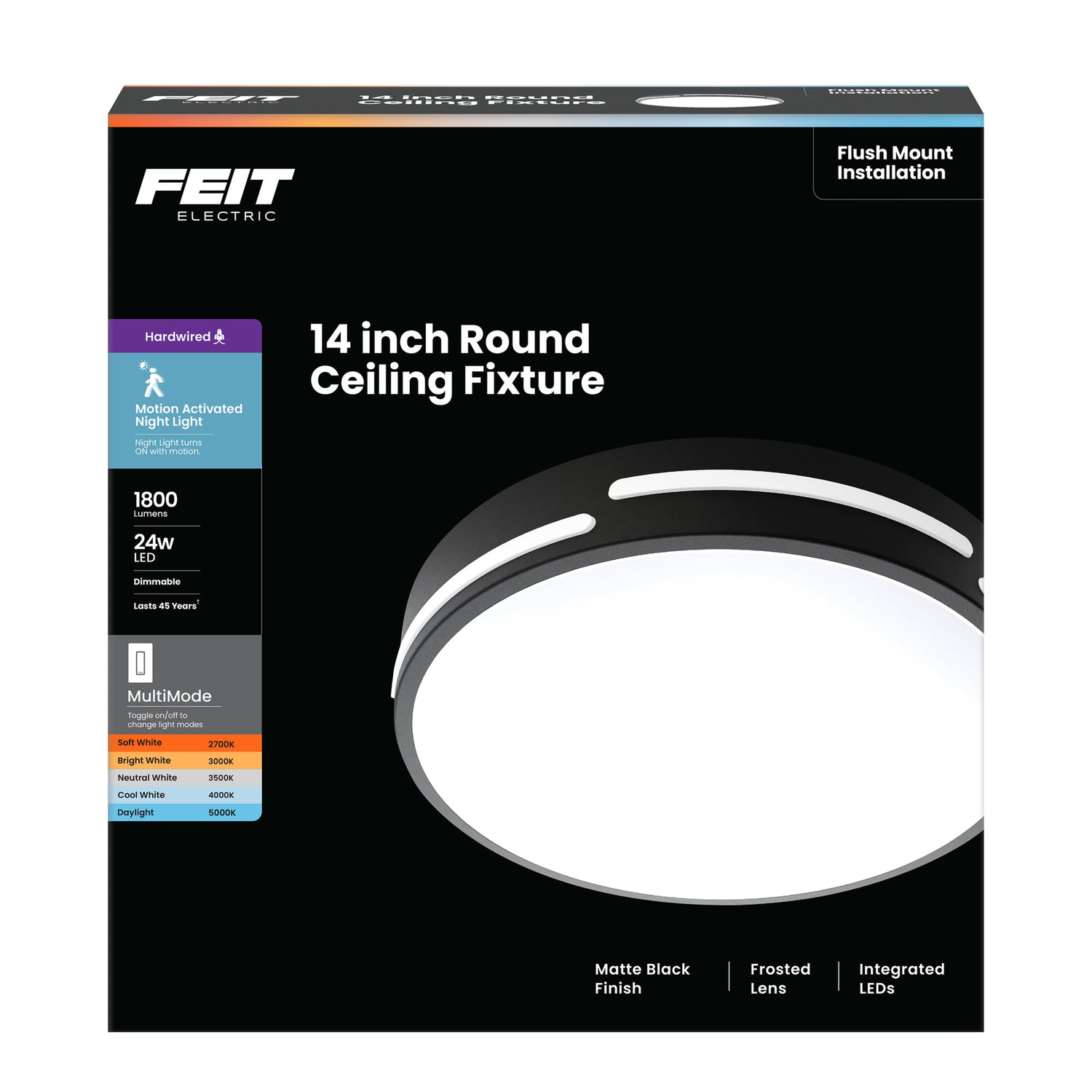 14 in. Dimmable Adjustable White LED Ceiling Fixture with Motion Night Light, Matte Black