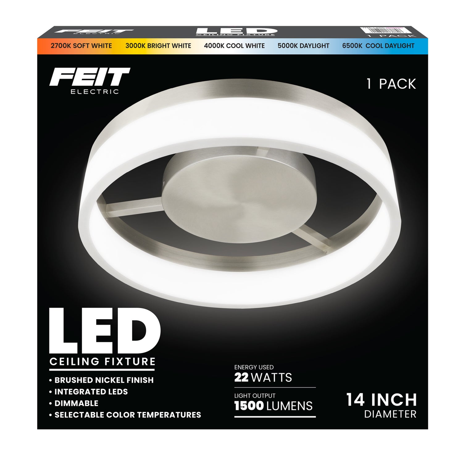 14 in. Dimmable Adjustable White LED Ceiling Fixture, Brushed Nickel