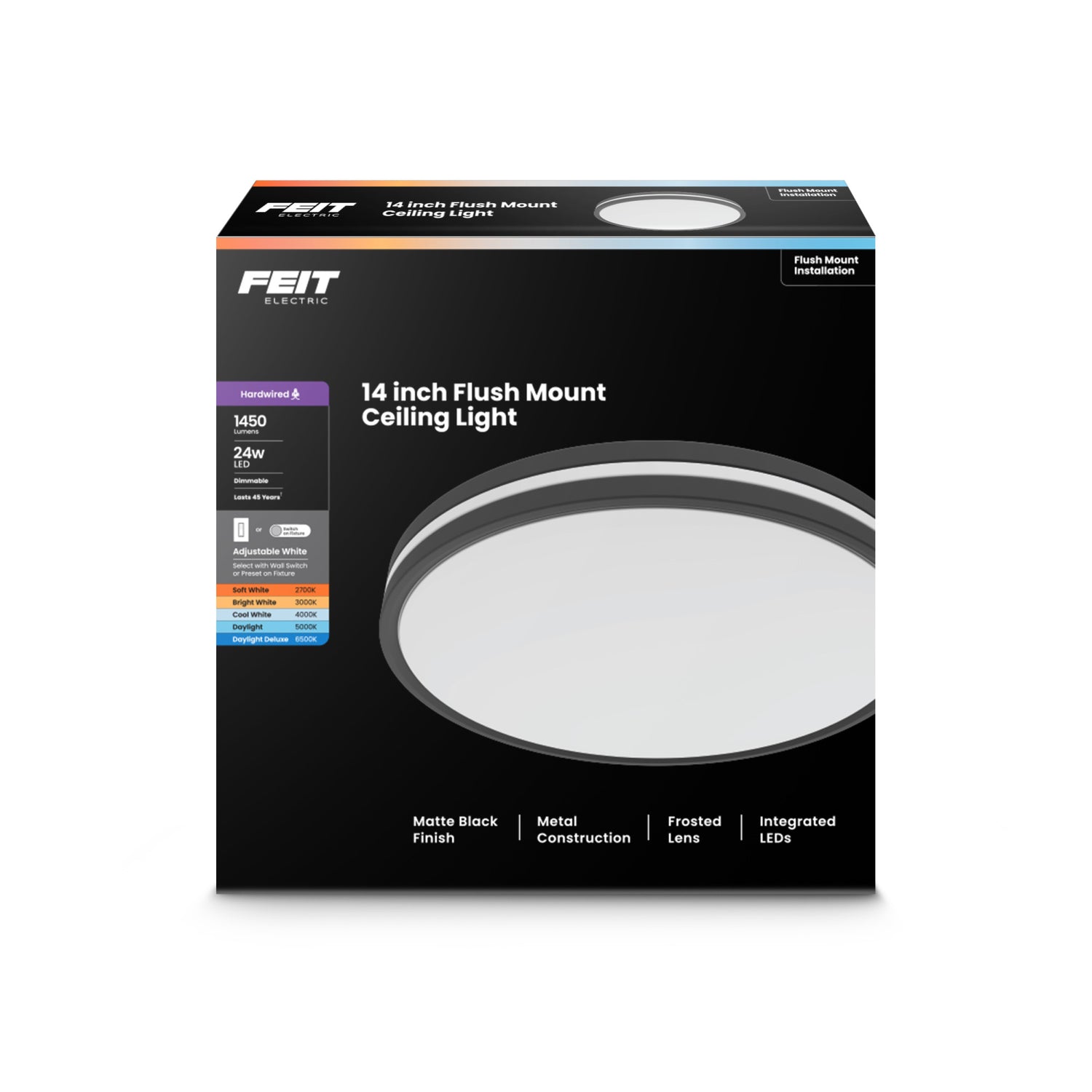 14 in. Dimmable Adjustable White Dual Band LED Flush Mount Ceiling Fixture with Switch Mode, Matte Black