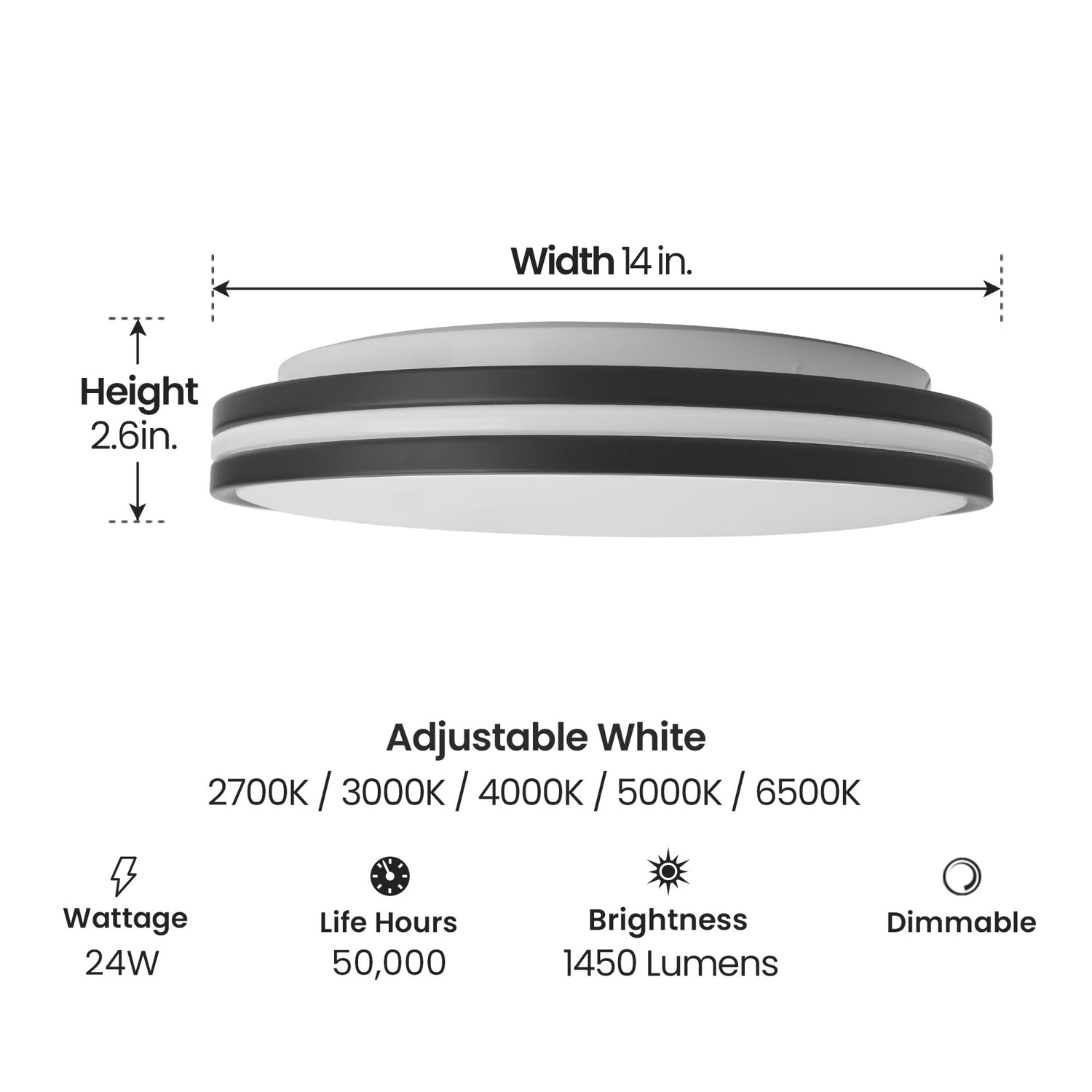 14 in. Dimmable Adjustable White Dual Band LED Flush Mount Ceiling Fixture with Switch Mode, Matte Black