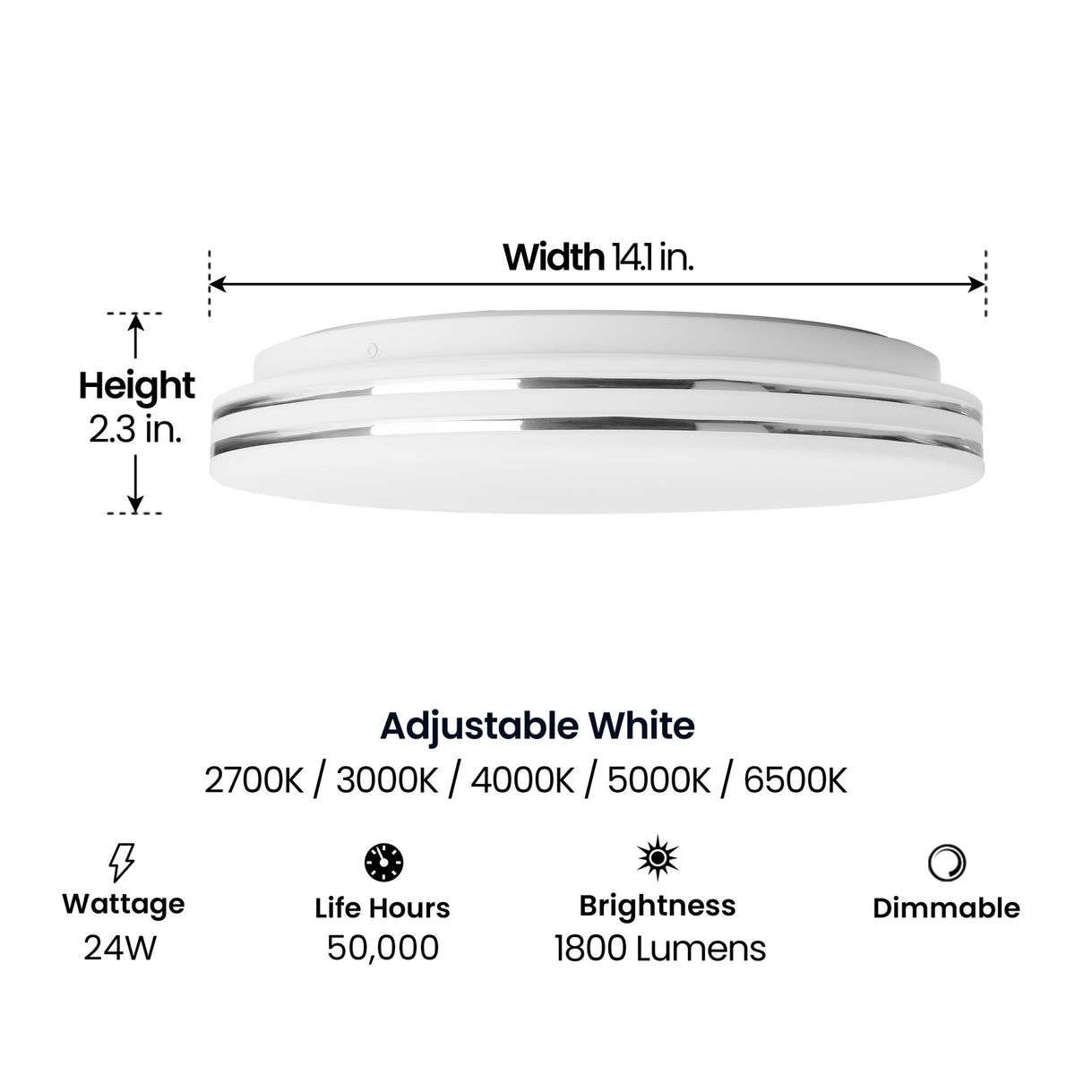 14 in. Dimmable Adjustable White LED Flush Mount Ceiling Fixture with Switch Mode, Chrome