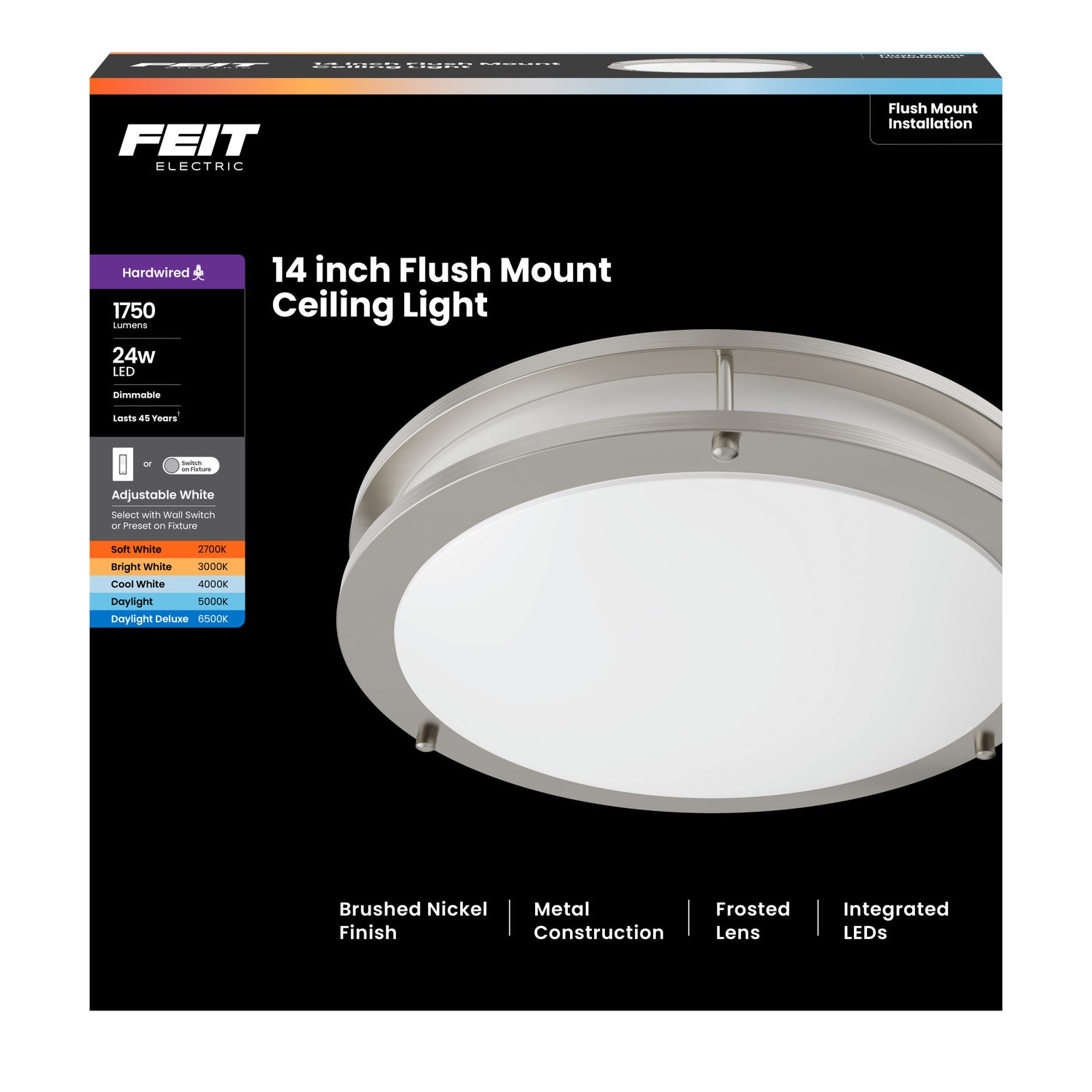 14 in. Dimmable Adjustable White LED Flush Mount Ceiling Fixture, Brushed Nickel