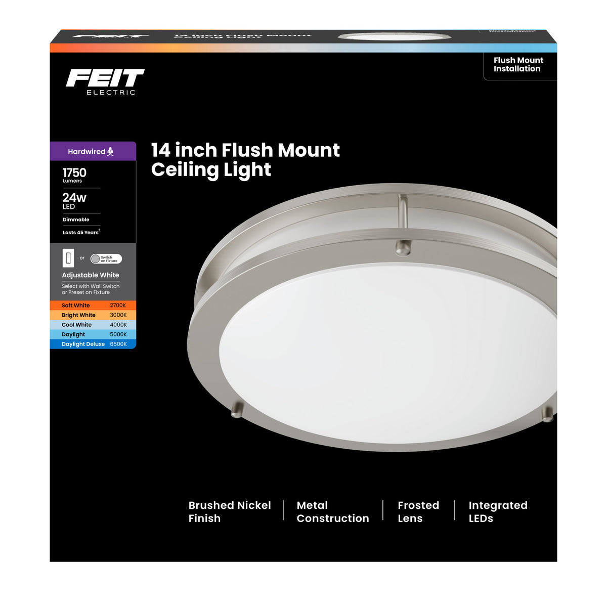 14 in. Dimmable Adjustable White LED Flush Mount Ceiling Fixture with Switch Mode, Brushed Nickel