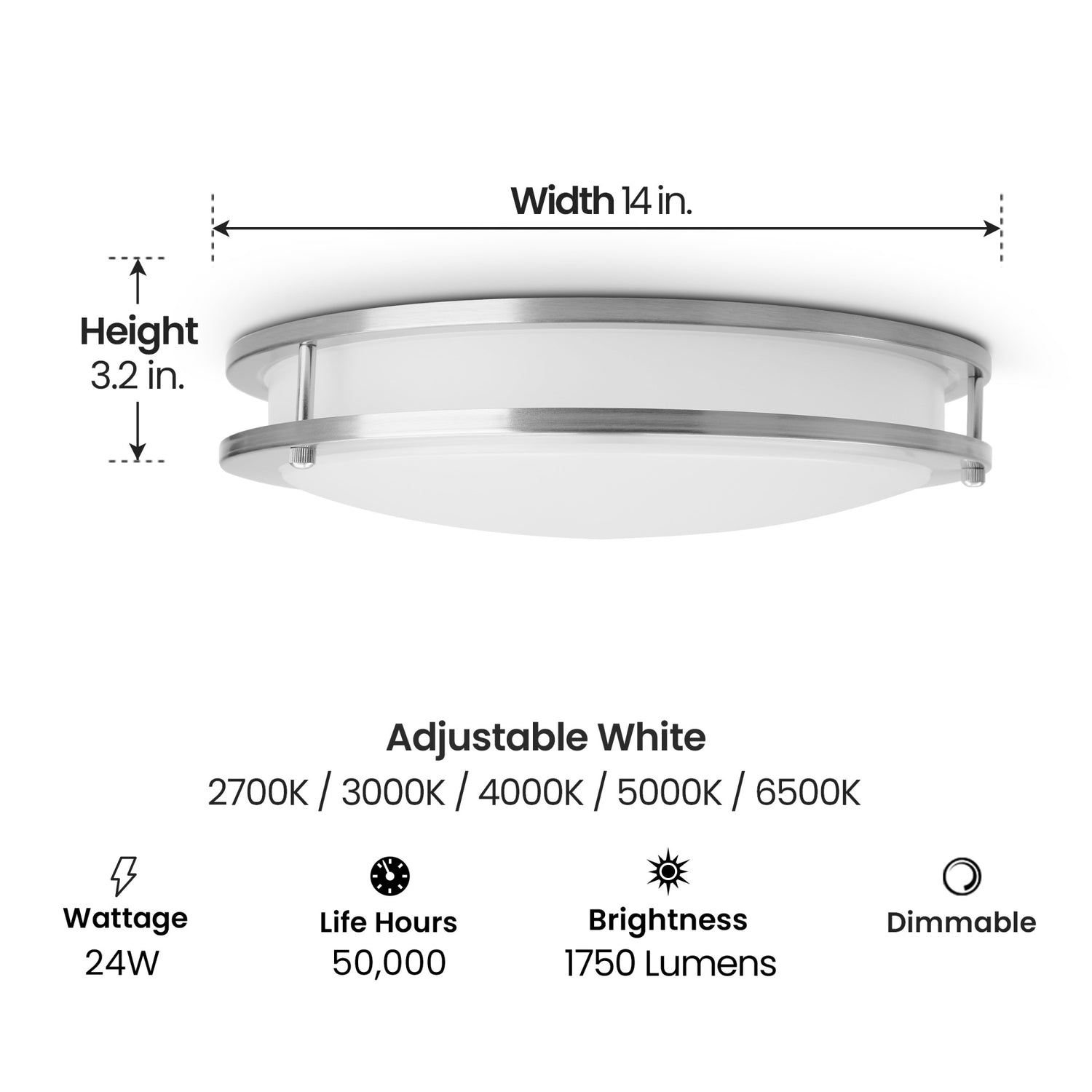 14 in. Dimmable Adjustable White LED Flush Mount Ceiling Fixture with Switch Mode, Brushed Nickel
