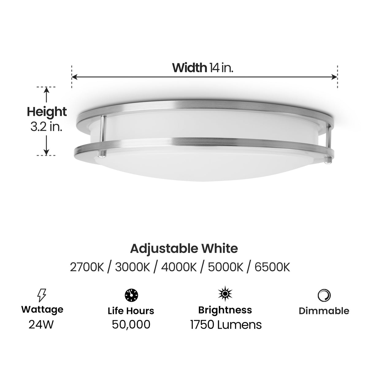 14 in. Dimmable Adjustable White LED Flush Mount Ceiling Fixture with Switch Mode, Brushed Nickel