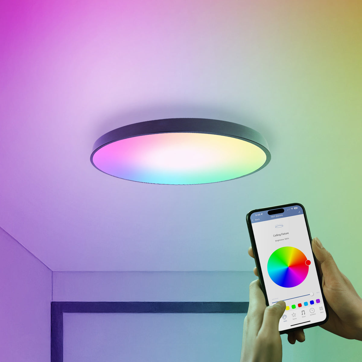 15 in. Round Smart Flush Mount Ceiling Light Fixture, Black