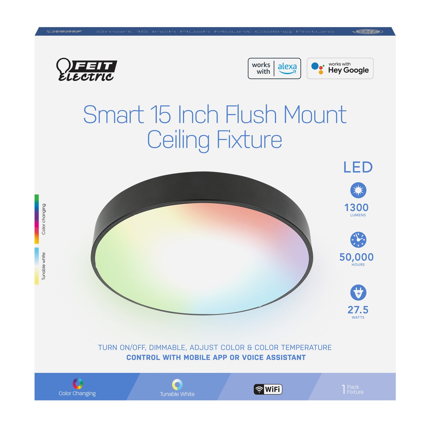 15 in. Round Smart Flush Mount Ceiling Light Fixture, Black