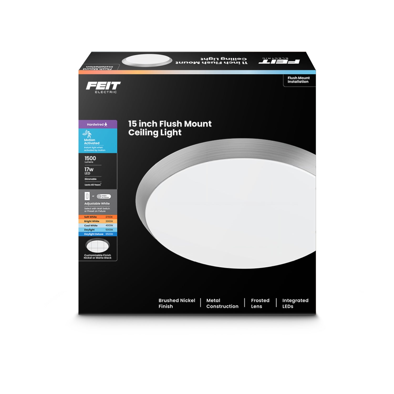 15 in. Round Adjustable White Flush Mount Motion Ceiling Light, Brushed Nickel or Matte Black Trim