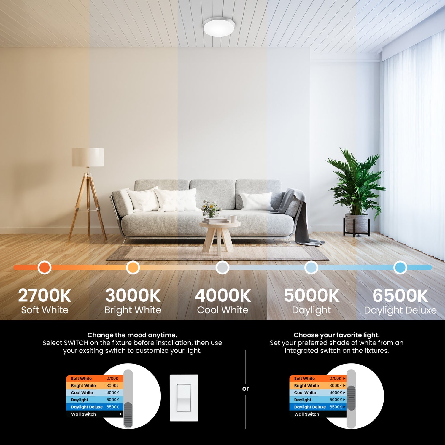 15 in. Round Adjustable White Flush Mount Motion Ceiling Light, Brushed Nickel or Matte Black Trim