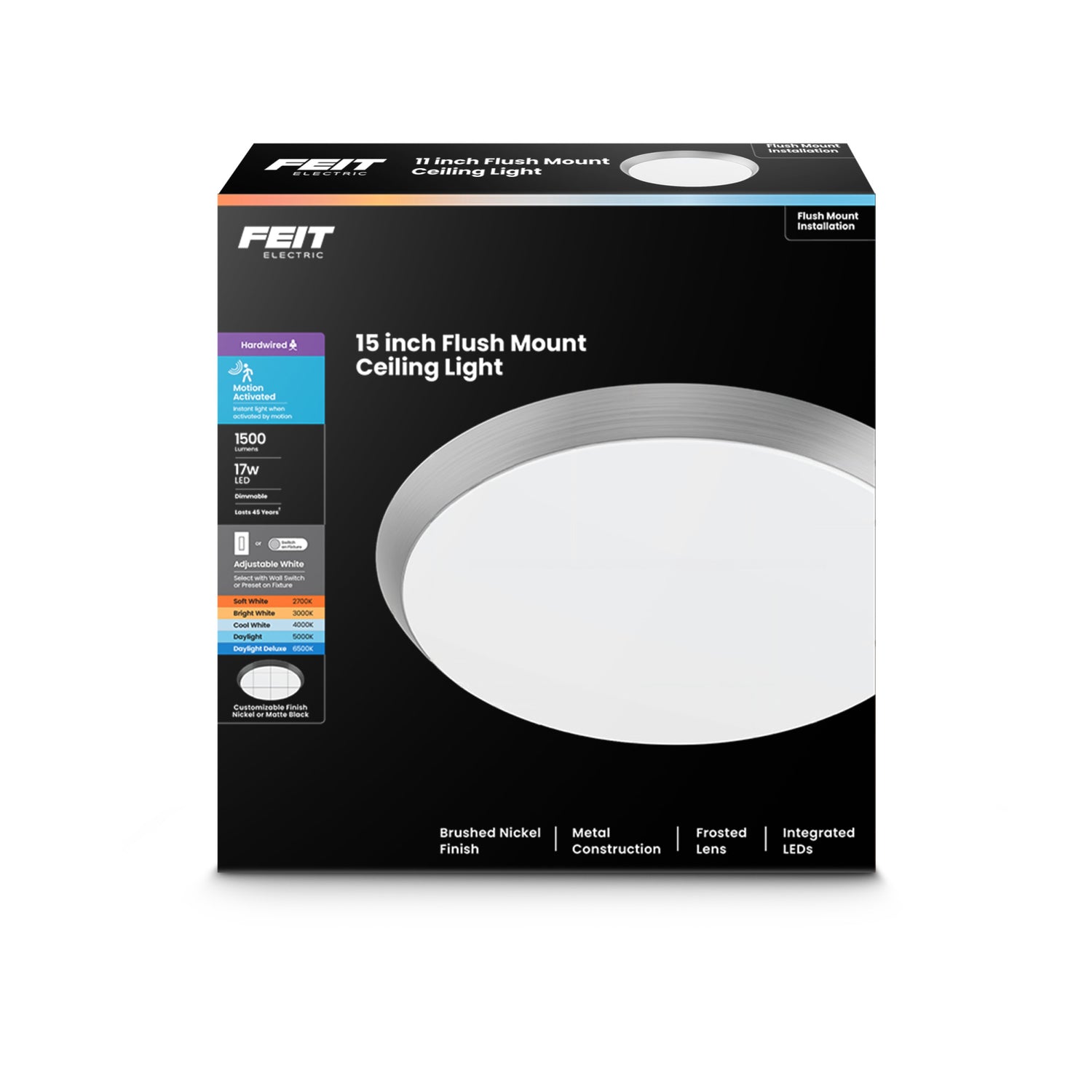 15 in. Round Adjustable White Flush Mount Motion Ceiling Light, Brushed Nickel or Matte Black Trim
