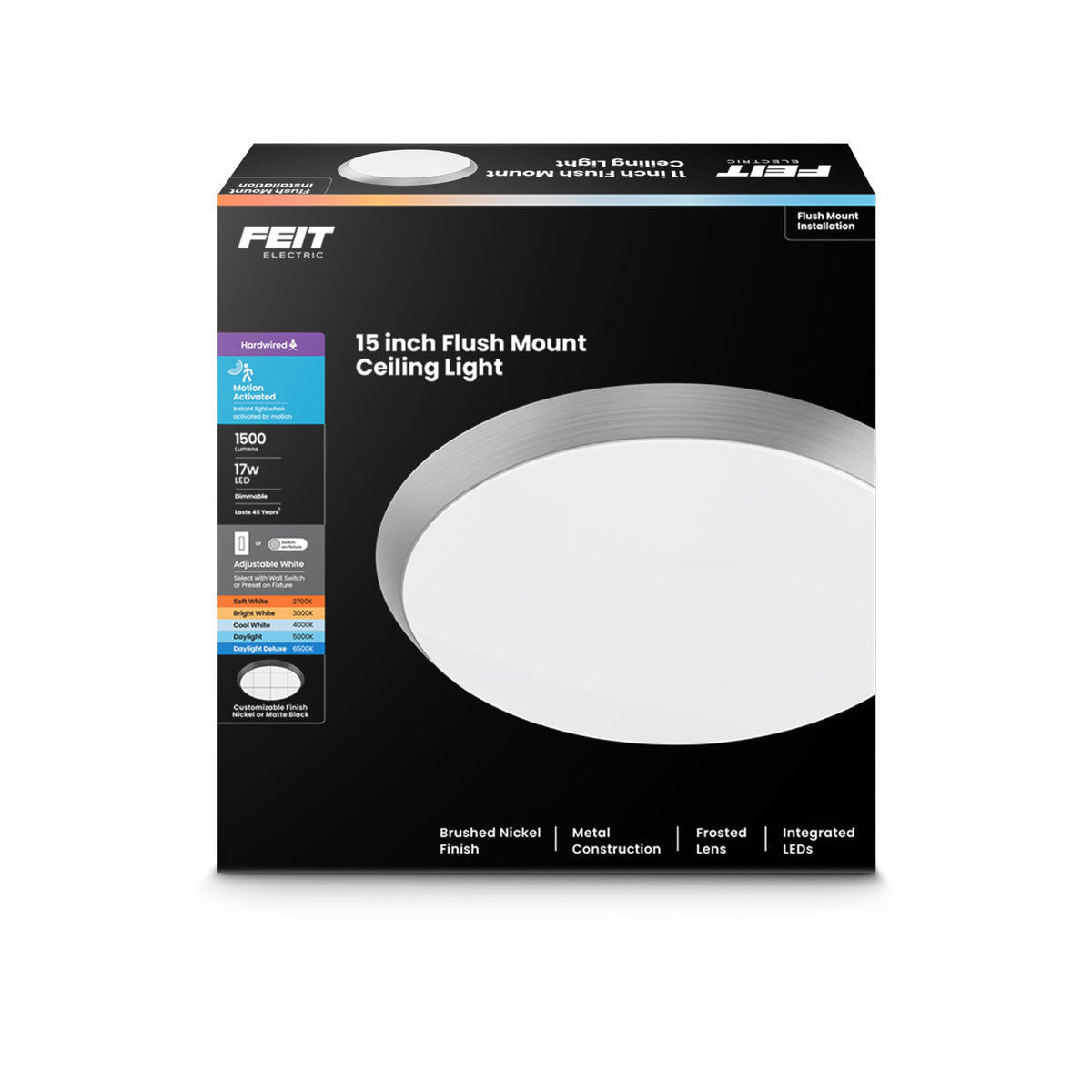 15 in. Round Adjustable White Flush Mount Motion Ceiling Light with Switch Mode, Brushed Nickel or Matte Black Trim