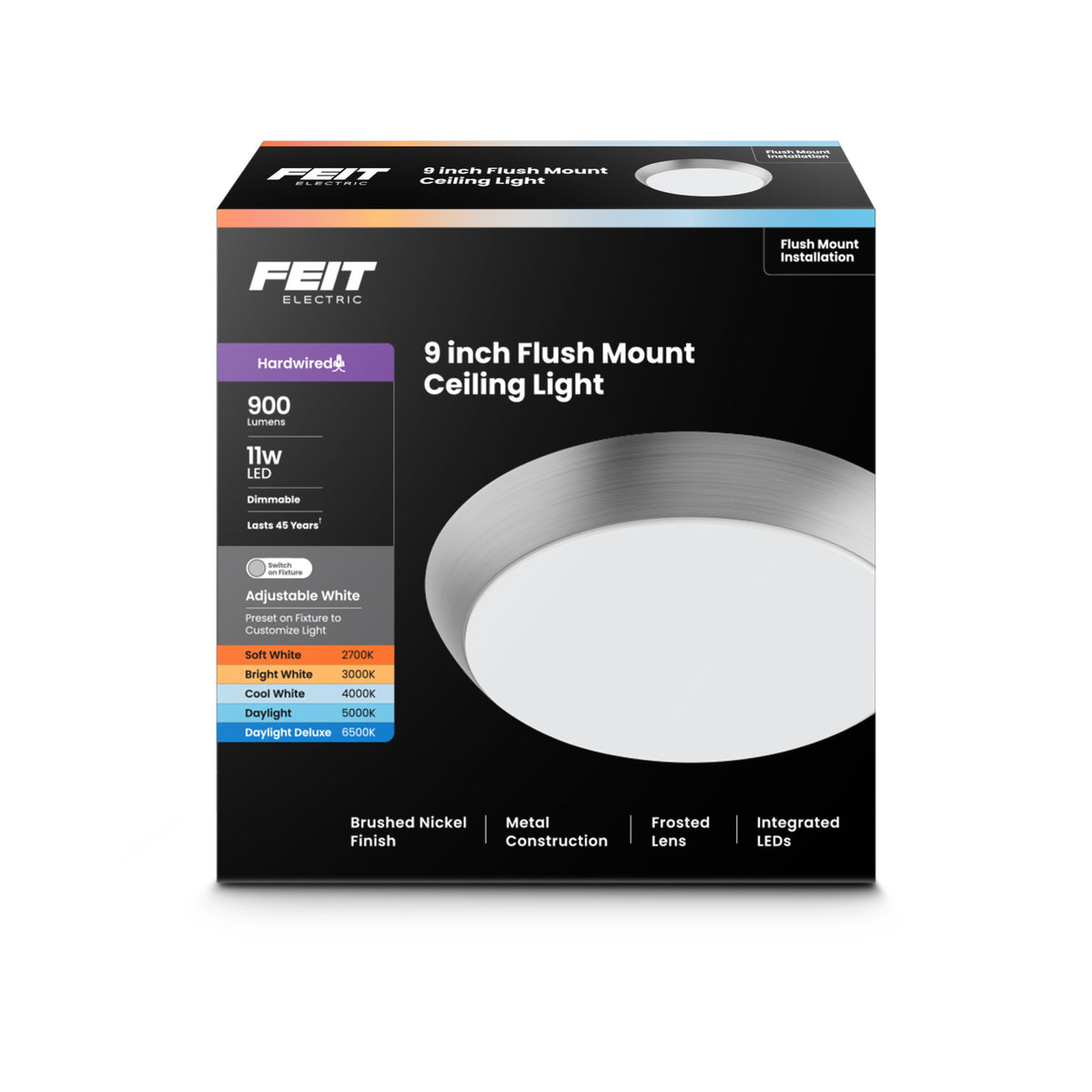 9 in. Dimmable Adjustable White LED Flush Mount Ceiling Fixture, Brushed Nickel