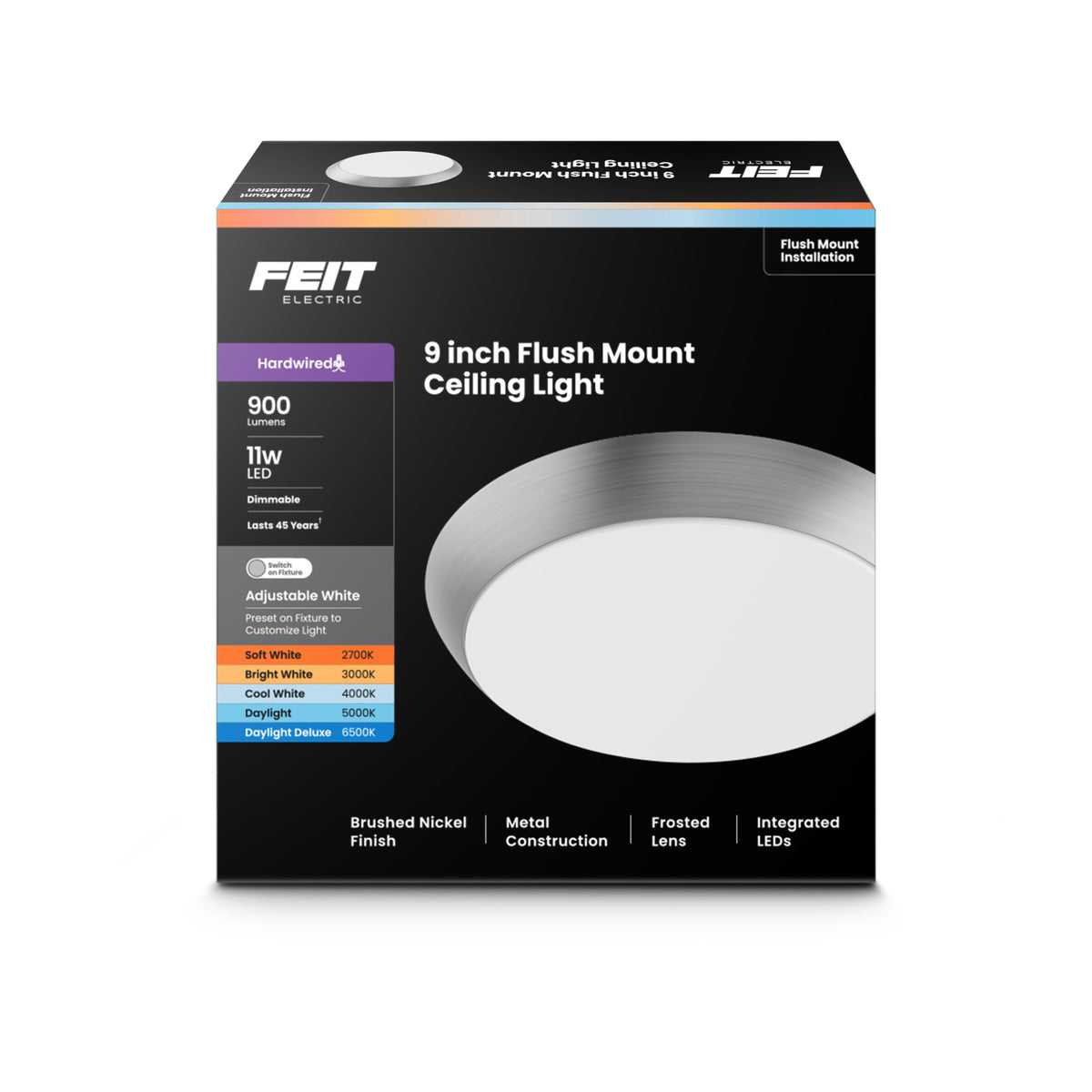 9 in. Dimmable Adjustable White LED Flush Mount Ceiling Fixture, Brushed Nickel
